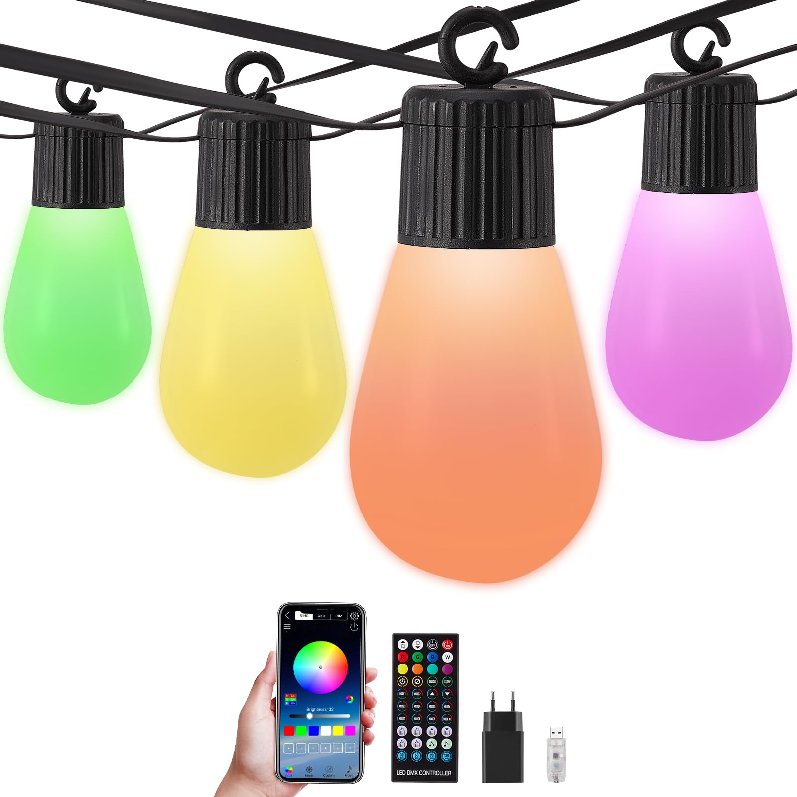 Lichterkette für den Außenbereich, Lichterkette mit bunten Kugeln, 50 LEDs, für den Außenbereich, 30 m, zur Dekoration von Halloween, Balkon, Garten, Party