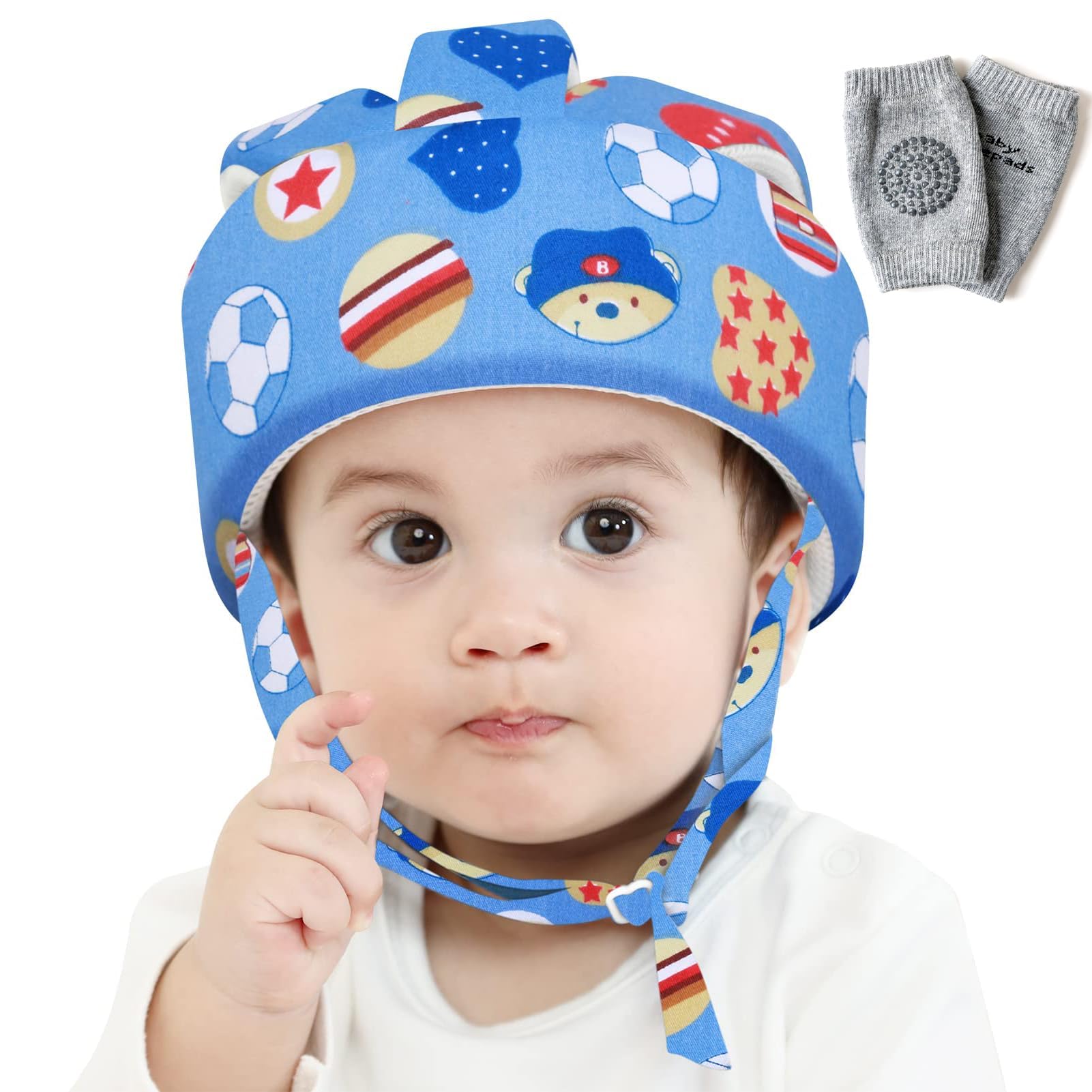 [Upgrade] Baby Safety Helmet, Infant Toddler Breathable & Adjustable Cartoon Soft Head Cushion Bumper Bonnet for Running Walking Crawling with Soft Knee Pads