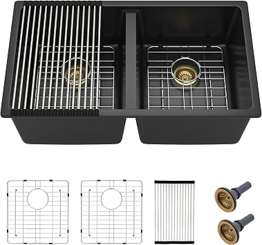 33"x19" Granite Composite Kitchen Sink Double Bowl - Matte Black Undermount 50/50 Split Bowl Granite Quartz Classic Under Counter Sink Basin