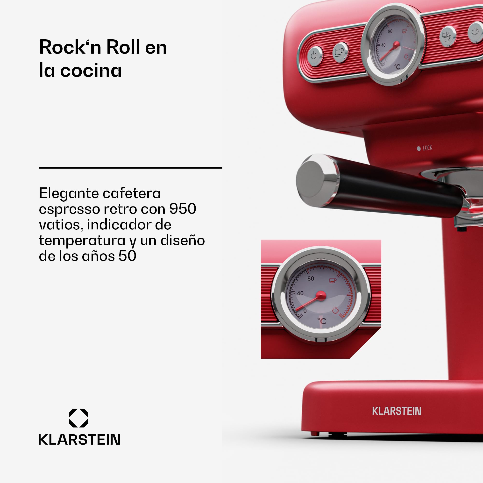 Klarstein Cafetera Espresso con Espumador de Leche, Mini Cafetera Espresso Retro de 1,2 litros con Portafiltro, Cafetera Pequeña de 950 W, Cafetera para Cappuccino, Latte & Macchiato
