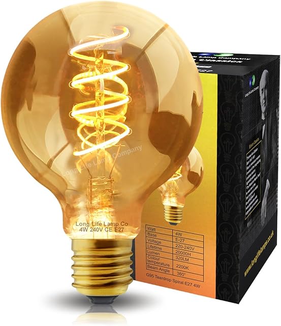 Long Life Lamp Company Retro Vintage Globe LED 4w Edison Style Spiral Filament Bulb Smoked Gold Glass G95 Teardrop E27, EG95TD4W