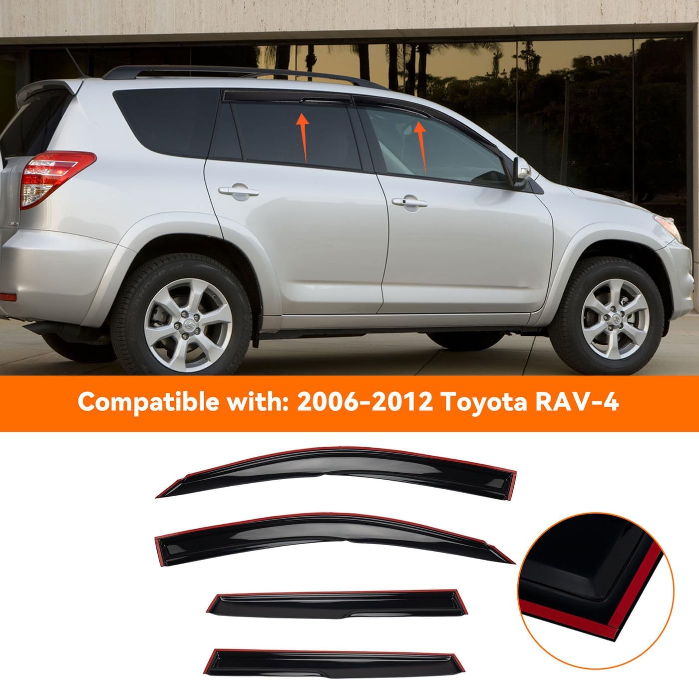 4pcs JDM 3D Wavy MU Style Window Visors Compatible with 2006-2012 Toyota RAV-4 RAV4, Front+Rear Left+Right Outside Mount Type Dark Smoke Tint Tape-On Side Sun Rain Guards Set of 4