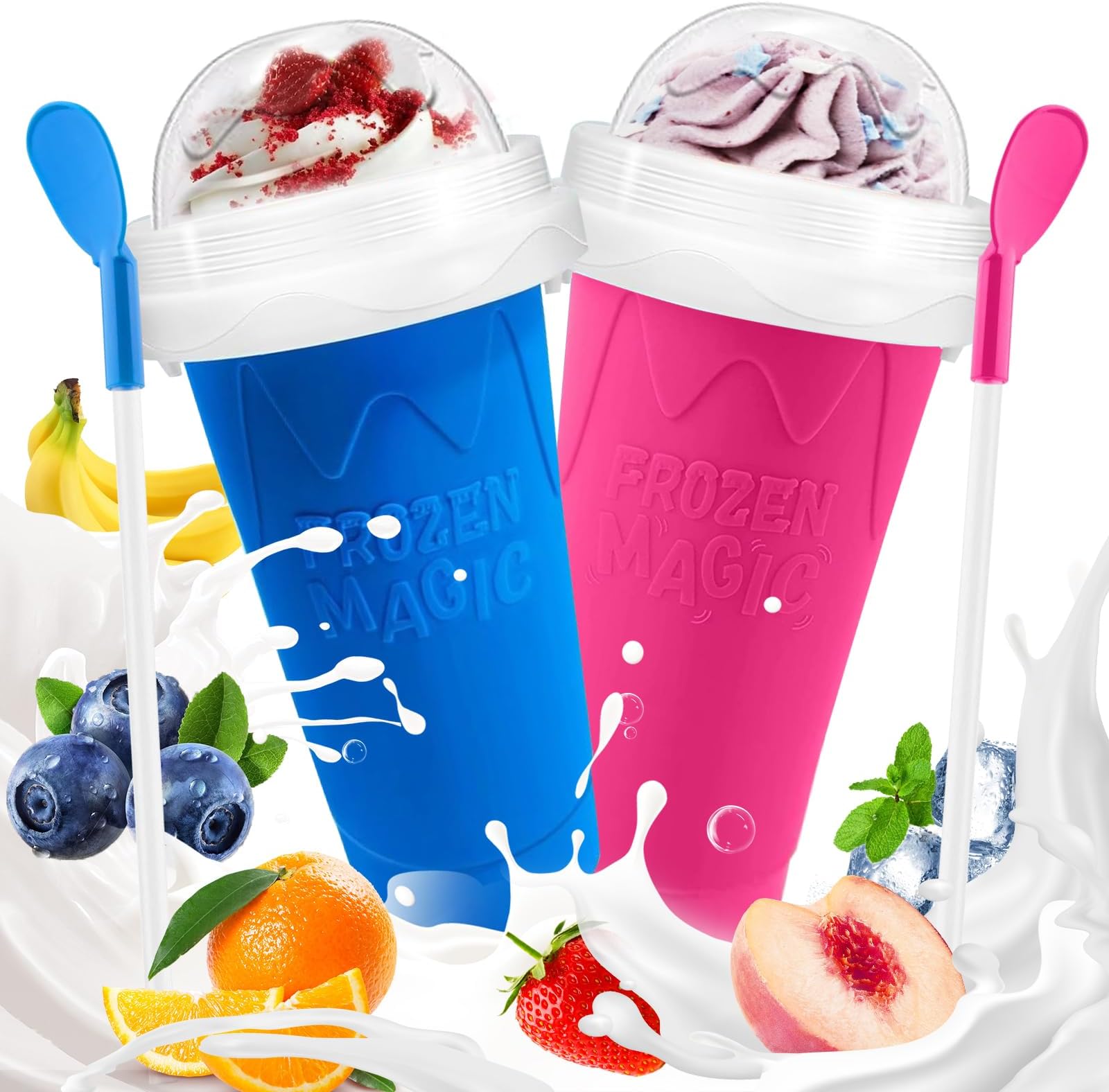 FANS-ONE Slushie Cup, 2 Pack Slushy Maker Cup, Frozen Magic Squeeze Cups for Juice Milk Yogurt Ice Cream Make, DIY Cooling Cup with Lid & Straw Cool Stuff Things for Friends Family (Blue+Pink)