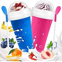 Slushie Cup, 2 Pack Slushy Maker Cup, Frozen Magic Squeeze Cups for Juice Milk Yogurt Ice Cream Make, DIY Smoothie Cooling Cup with Lid &amp; Straw for Kids Friends Family (Blue+Pink)