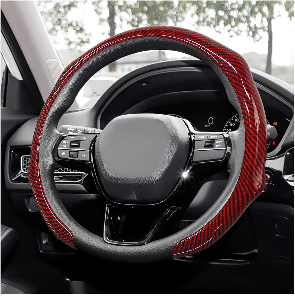 Sun Walker Carbon Fiber Car Steering Wheel Cover, 15" Anti-Slip Wear-Resistant Steering Wheel Protector Stylish Interior Decor, Ultra-Thin Comfortable Leather Wheel Cover for Women Men (Red)
