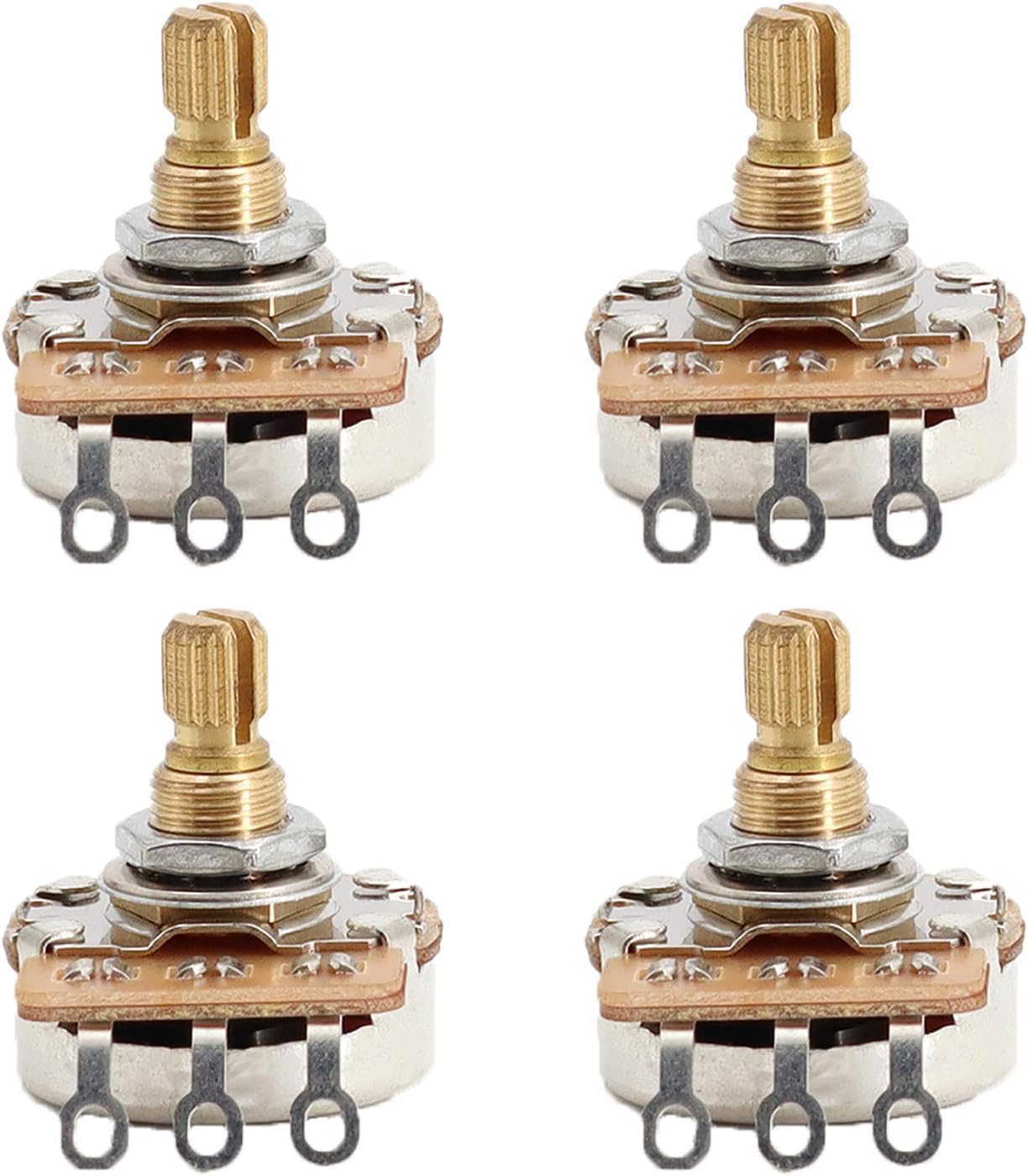 18-Spline 15mm B500K Guitar Potentiometers Split Brass Shaft Audio Taper Pots for Fender Stratocaster Telecaster Guitar Bass Parts (Set of 4)