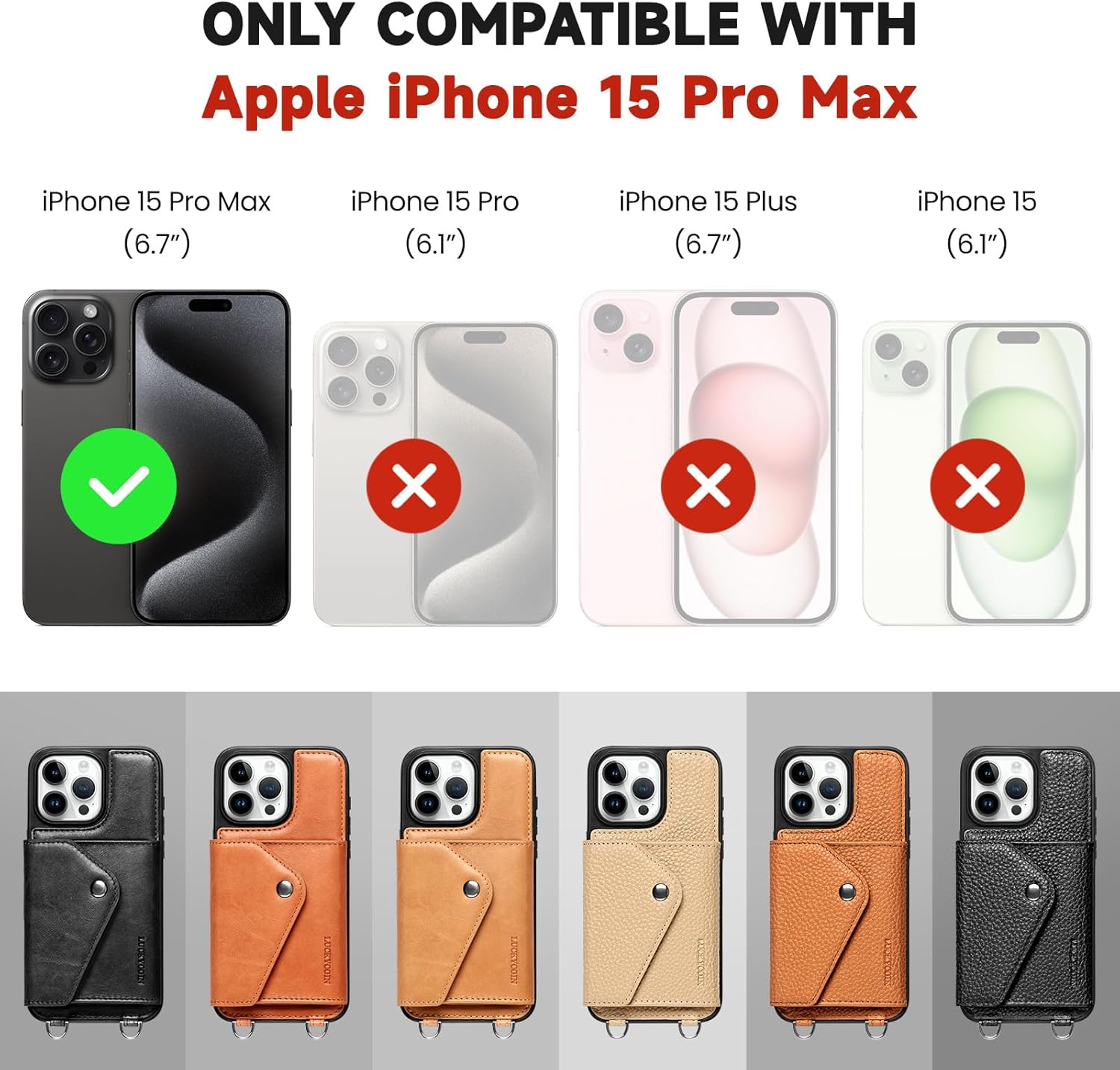 LUCKYCOIN Crossbody Phone Case for iPhone 15 Pro Max, 100% Genuine Leather Phone Wallet Case for Women, Premium Hands-Free Phone Purse with Expandable Flip Card Holder & Adjustable Strap - Retro Black