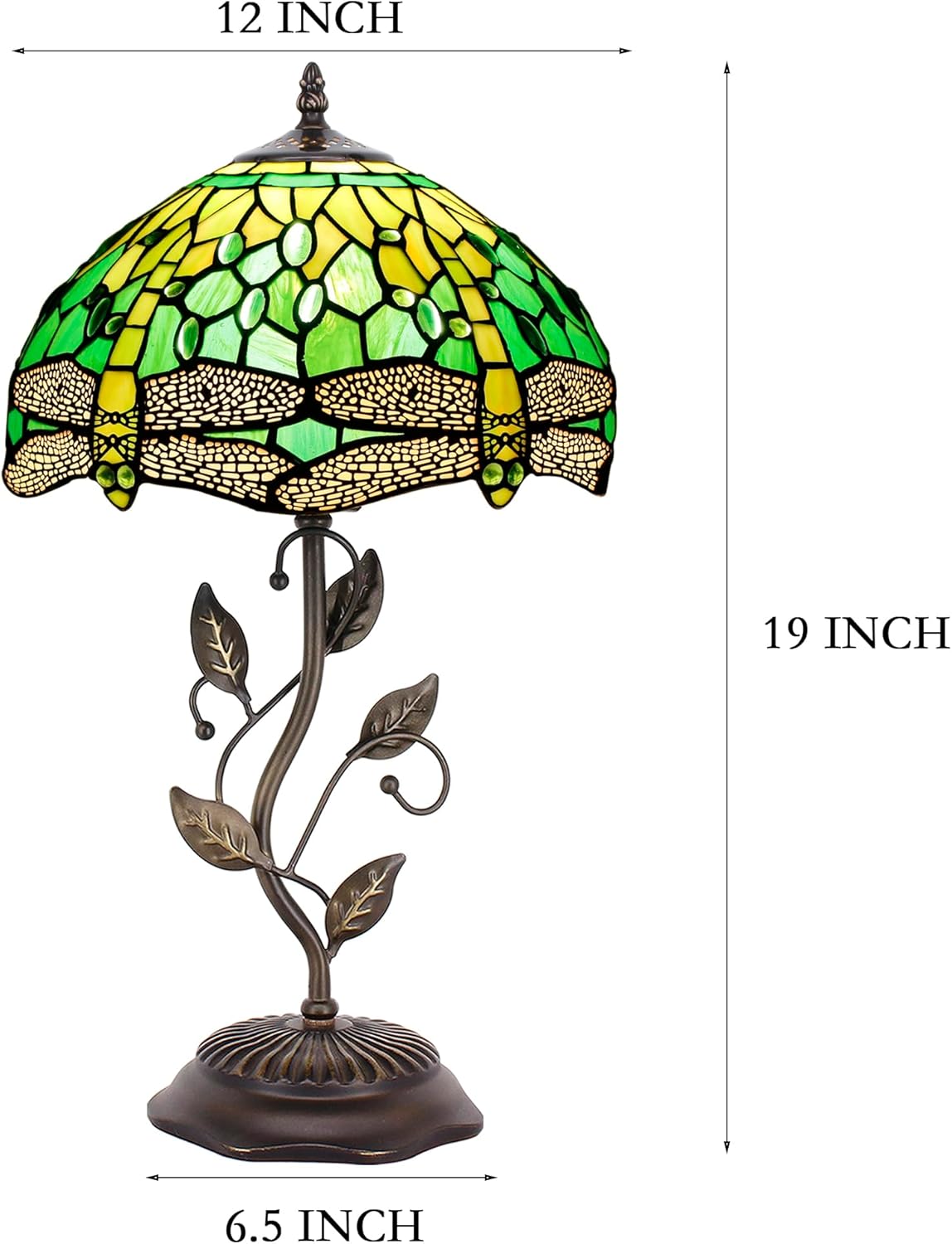 Tiffany Table Lamp Stained Glass Desk Lamp 12X12X19 Inches Reading Light Decor Bedroom Living Room (Yellow Green Dragonfly Style)