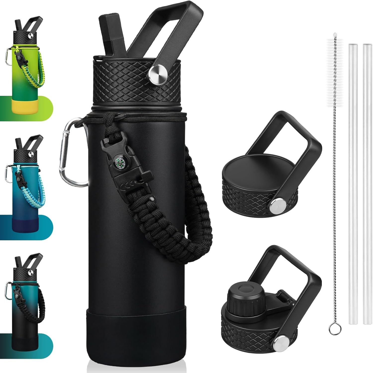 BJPKPK Insulated Water Bottle with Straw Lid, 22oz Thermal Flasks Water Bottles with 3 Lids, Paracord Handle & Non-slip Boot, BPA Free Leak Proof Stainless Steel Tumblers, Cups,Black