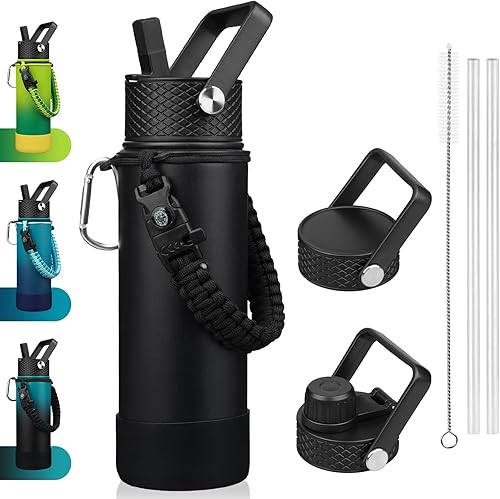 BJPKPK Botella de agua aislada con tapa con popote, botellas de agua térmicas de 22 onzas con 3 tapas, mango de paracaídas y funda antideslizante,