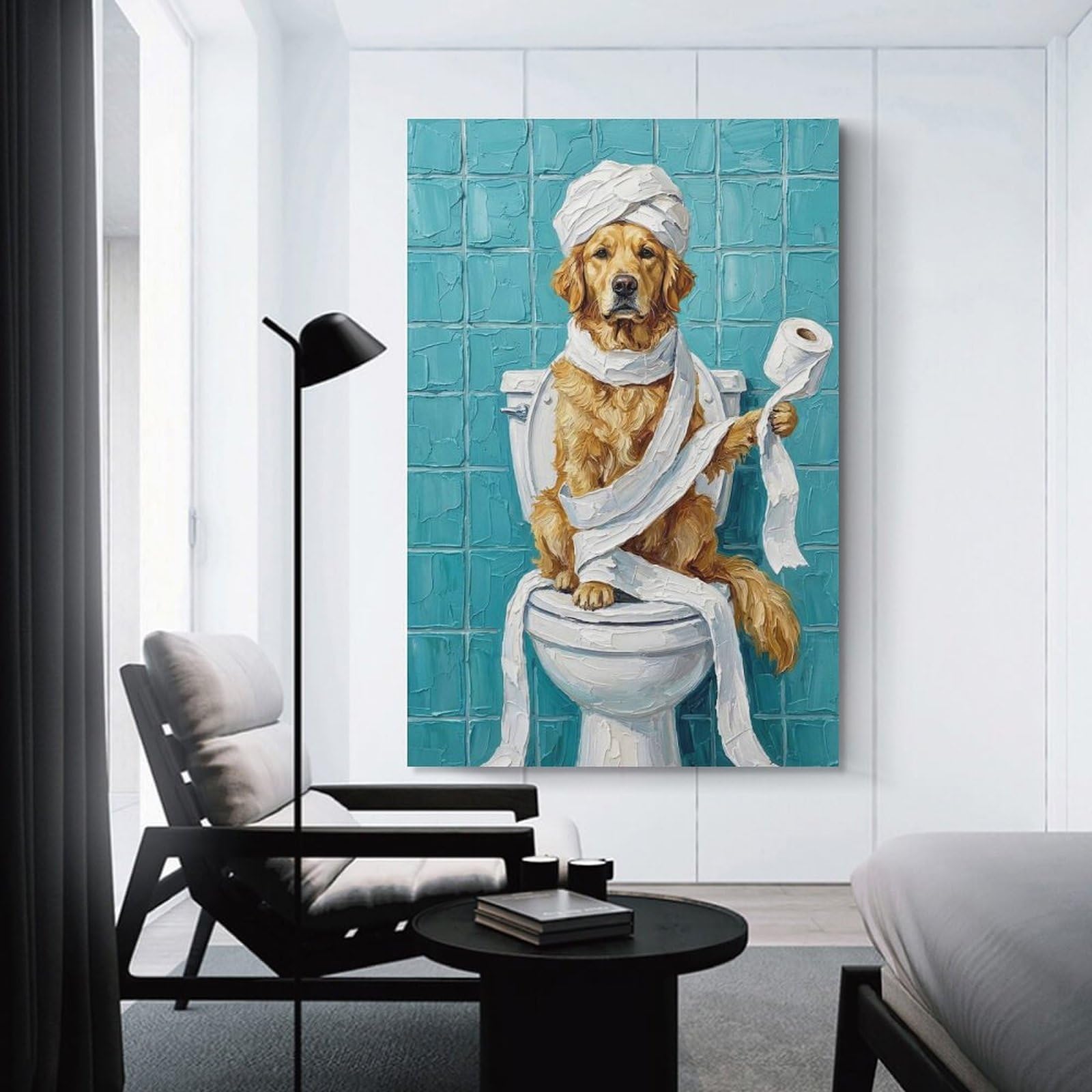 Junmoney Golden Retriever on Toilet with Toilet Paper Wall Art Print, 20x30inch(50x75cm), for Office, Study Or Home Workspace, Decorative Artwork for Productive Spaces