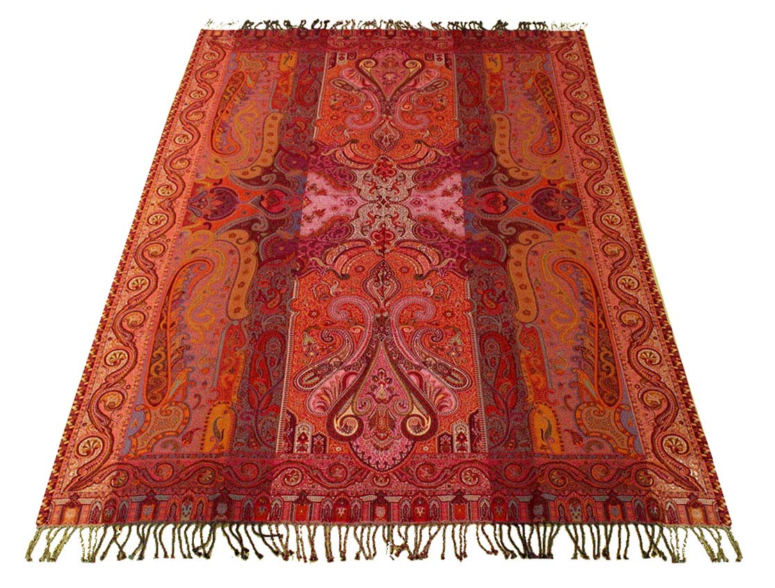 Lorenzo Cana koc wełniany żakardowy tkany bawełna najdelikatniejsza wełna z merynosów wielokolorowy czerwony Paisley koc na sofę koc do przytulania pled 130 cm x 180 cm 96251