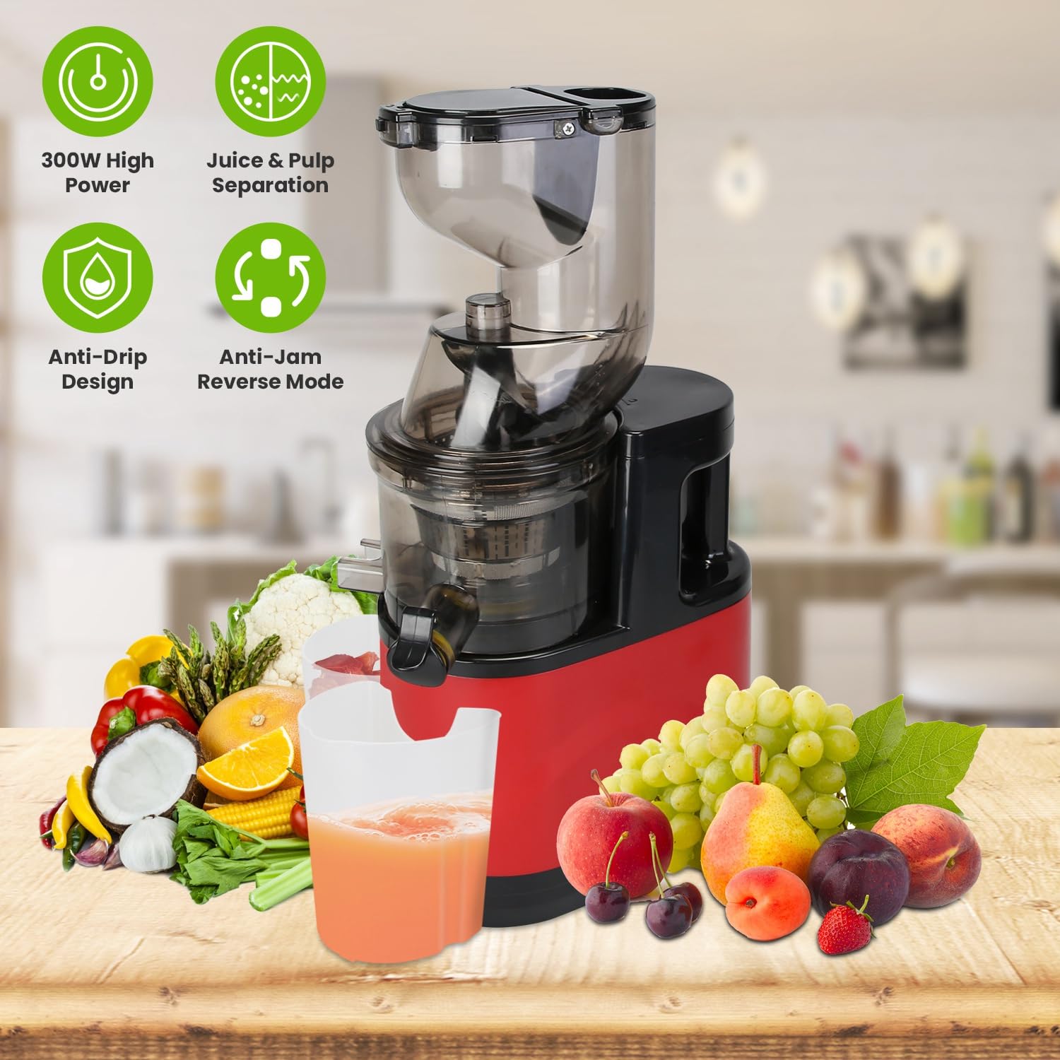 Cold Press Juicer,Slow Masticating Juicer Machines with Large Feed Chute Fit Whole Fruits & Vegetables 300W Juice Extractor Machine With Reverse Function 2 Containers Easy to Clean with Brush
