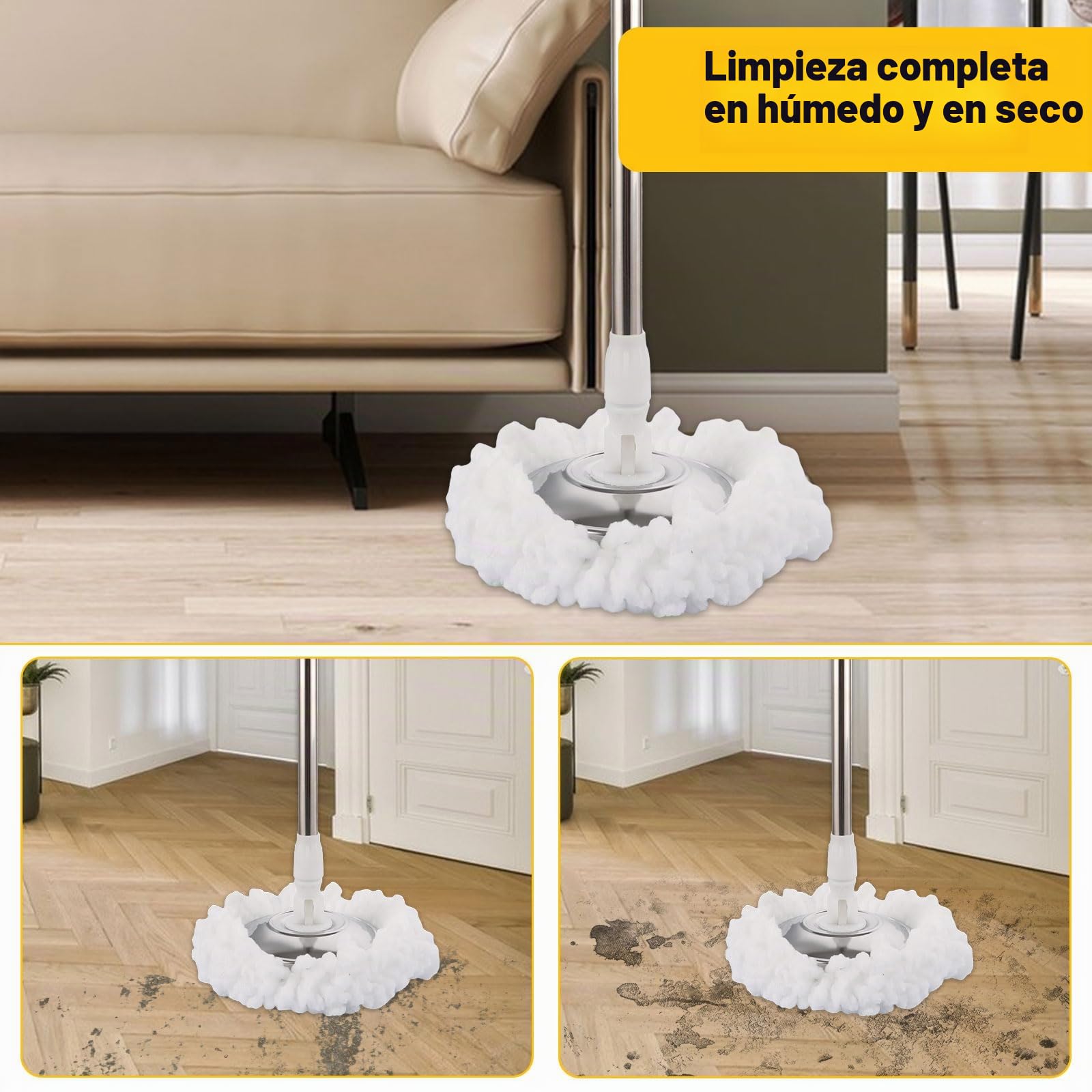 ASelected Juego de trapeador giratorio y cubo giratorio de 360° para limpiar suelos, mango de acero inoxidable, mopa extensible con almohadillas reutilizables de microfibra húmeda y seca para limpieza