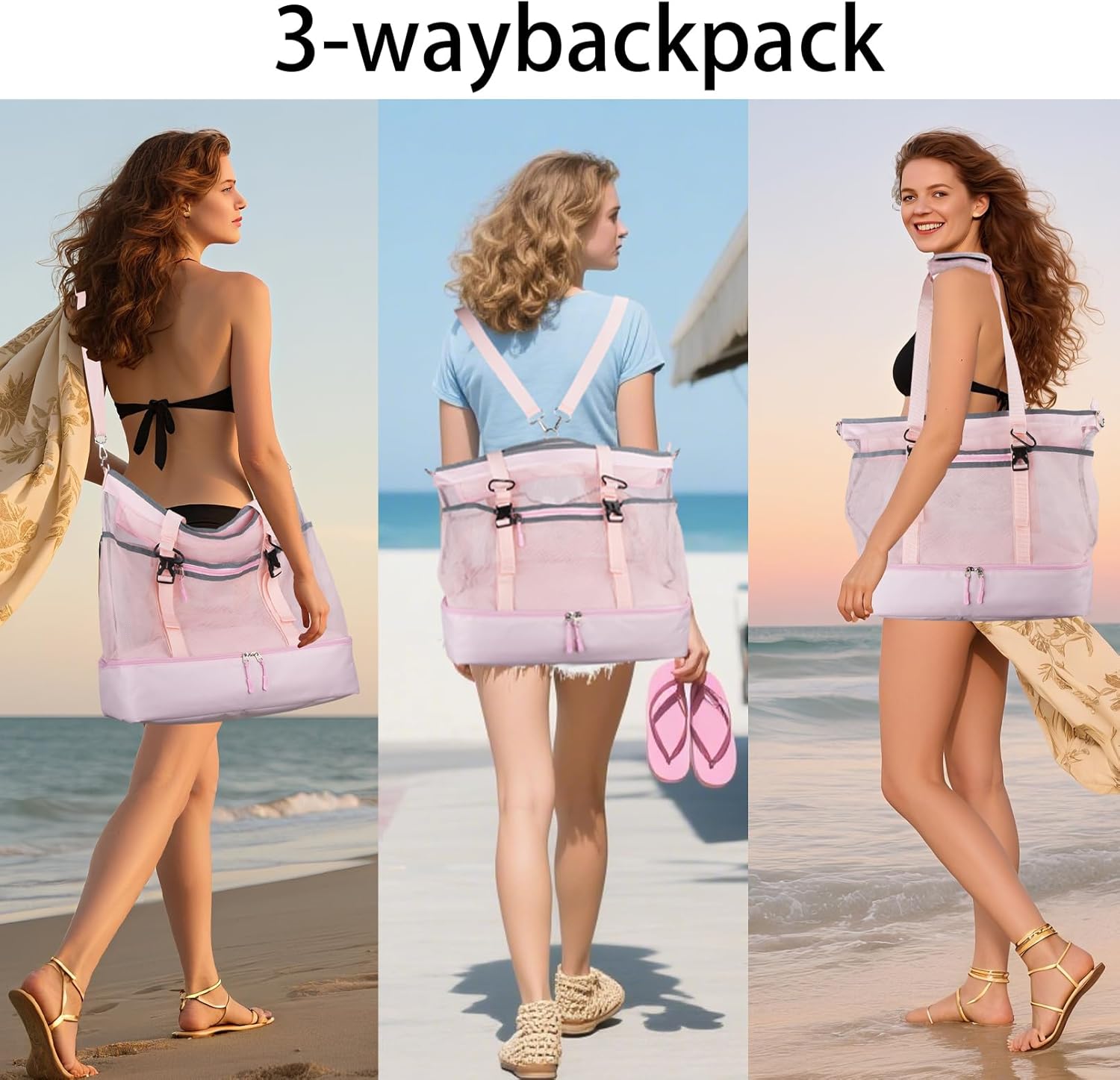 Mesh Beach Bag with Cooler Large Travel Family Vacation Essentials Pool Swimming Zipper Pocket Durable 9 Pockets - Image 2