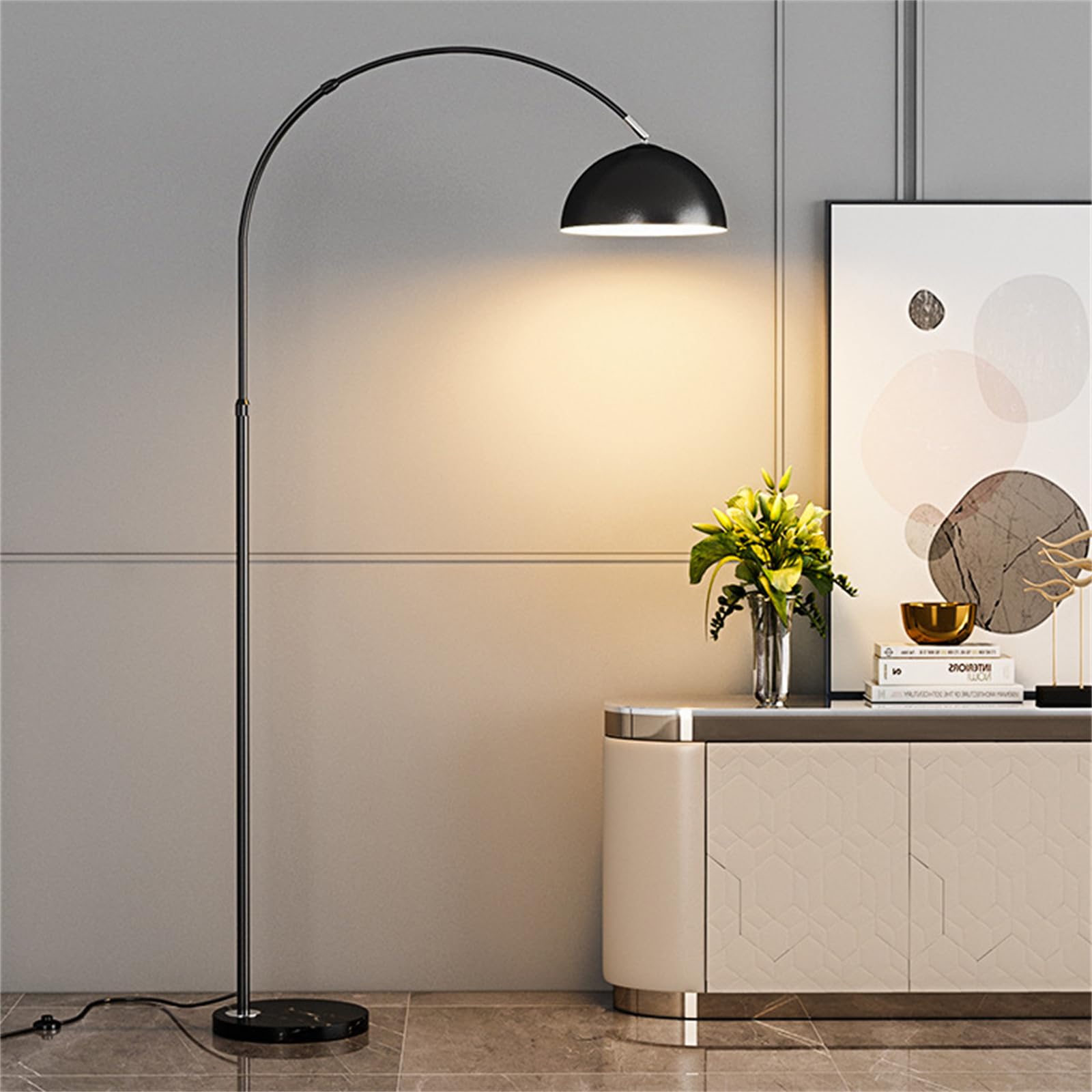 Lampada da terra ad arco dimmerabile con telecomando, moderna lampada da terra ad arco con base in marmo per soggiorno, camera da letto, ufficio, design industriale