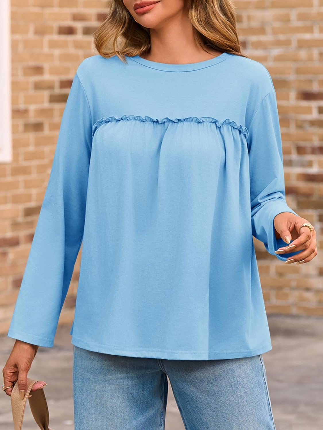 Cicy Bell Womens Babydoll Tunic Tops Pleated Long Sleeve Crew Neck Peplum Shirts Casual Loose Fit Flowy Blouse - Image 3