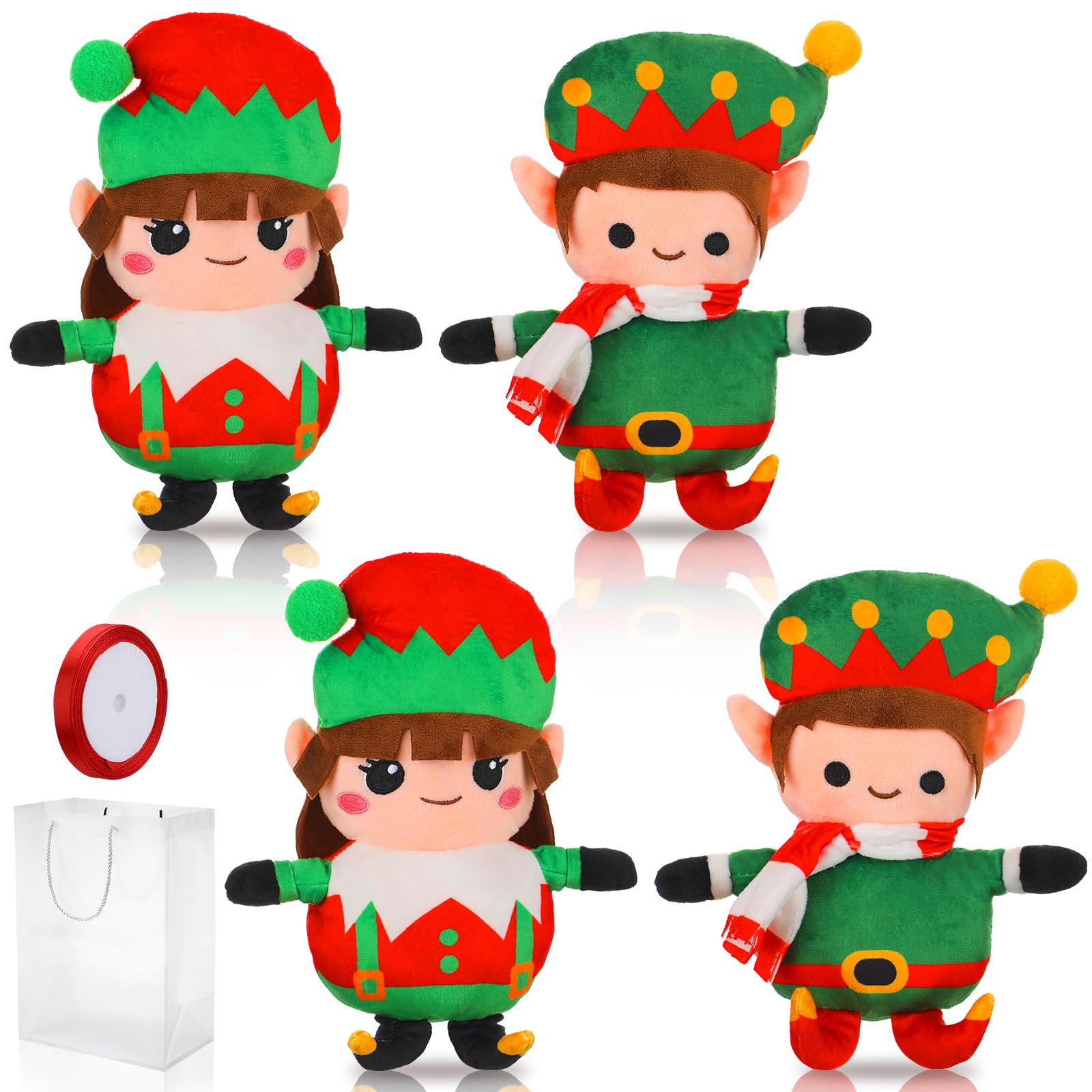 4 Pcs 8 Inch Christmas Plush Stuffed Animal Doll Set with Handbag and Ribbon Christmas Cute Plush Toy Soft Gift Suitable for Xmas Birthday Party(Elf)