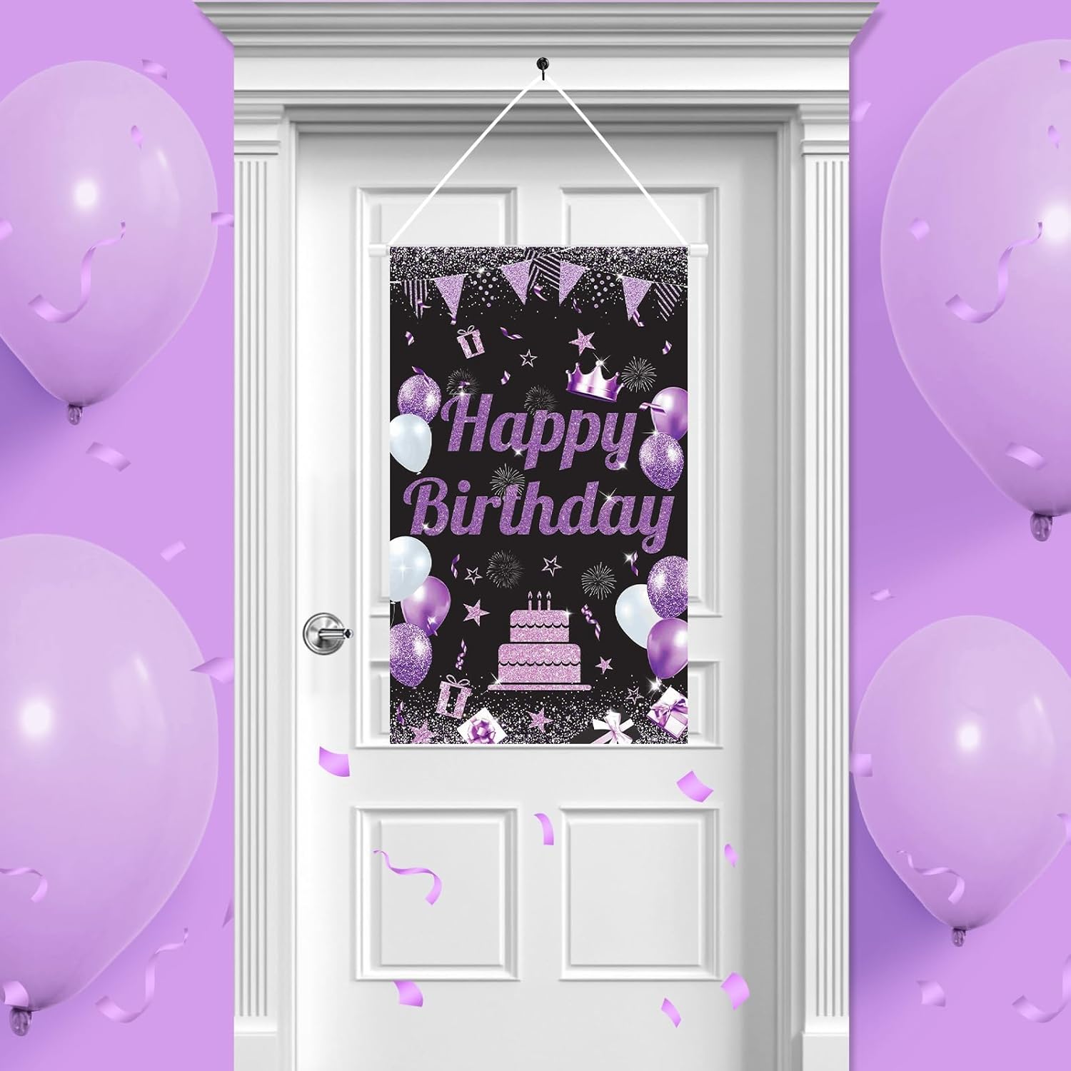 Black Purple Happy Birthday Sign,Birthday Door Banner Happy Birthday Hanger Birthday Porch Sign Banner Door Decoration Party Decorations for Men Women 50x30CM