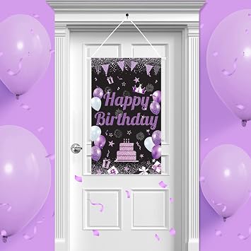 Black Purple Happy Birthday Door Banner, 50x30CM Party Decorations for Men | Happy Birthday Door Banner Sign, Black Purple 50x30CM Porch Hanger for Door Party Decorations Women Men