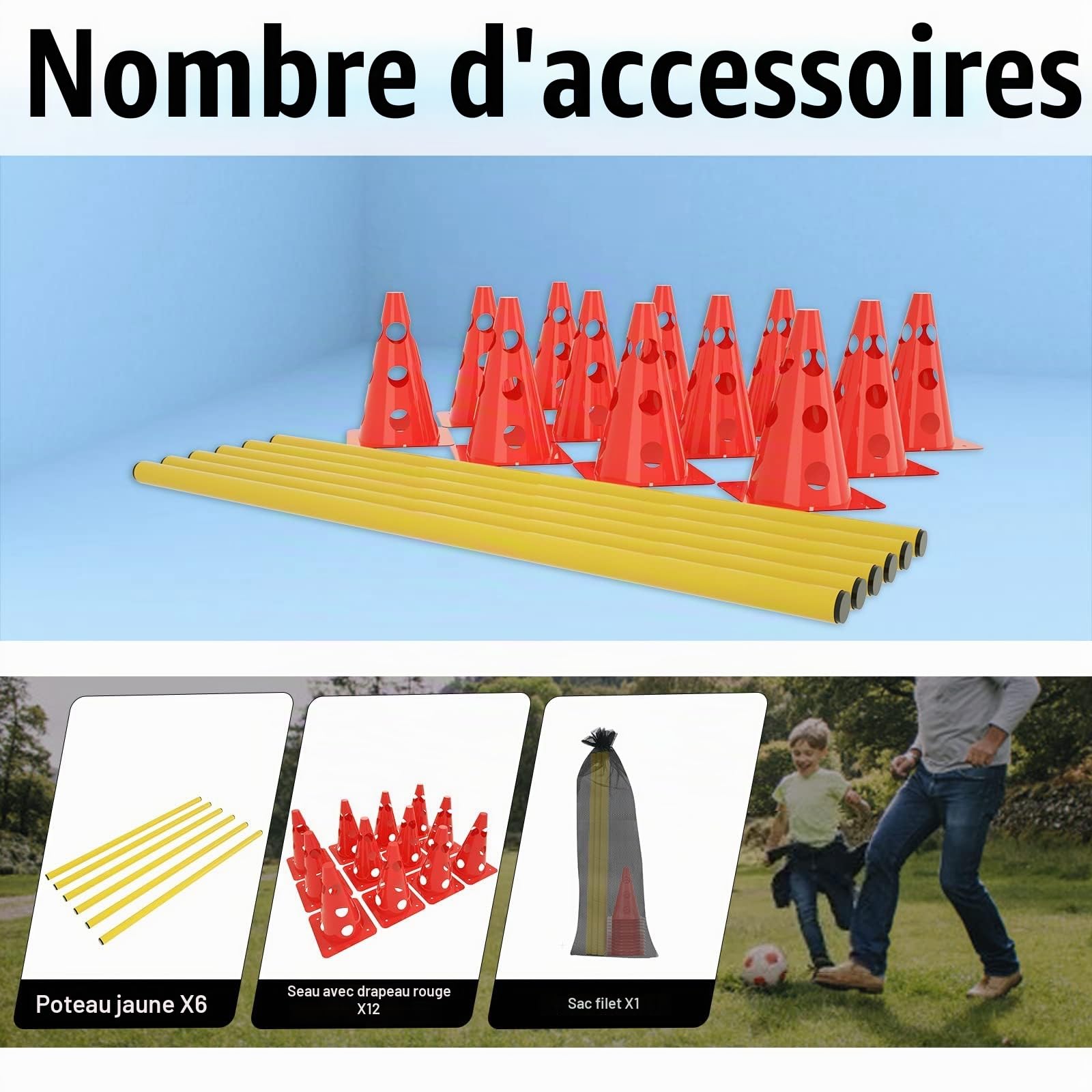 YUENFONG Set de Haies enfichables, Haies Coniques Sport 3 Trous Hauteur réglable Haies d'entraînement Set d'agilité, pour Enfants Sportifs Animaux domestiques(12 cônes Rouges 6 Barres Jaunes)