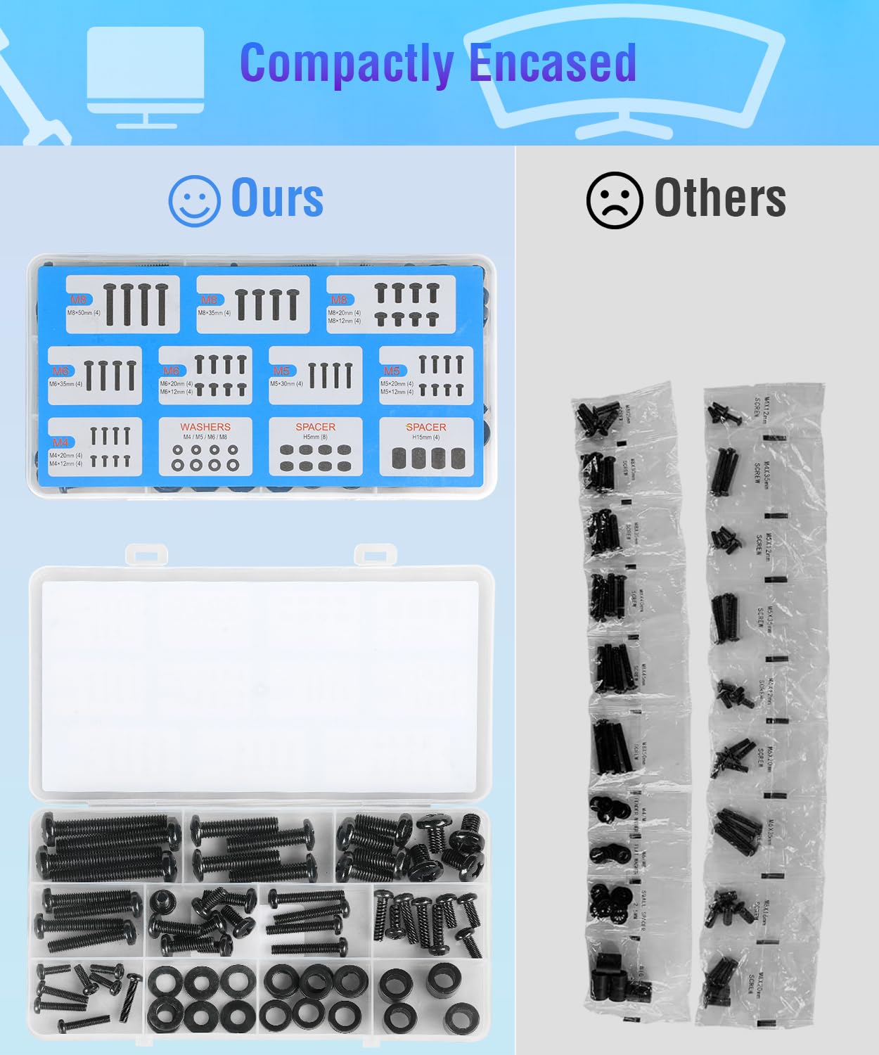ELIVED Universal TV Mounting Hardware Kit Set with Box, Includes M4 M5 M6 M8 Screws, Washers, Spacers, Replacement Screws for TV VESA Mounting, Fit Most Flat/Curved TV/Monitor up to 80 Inch