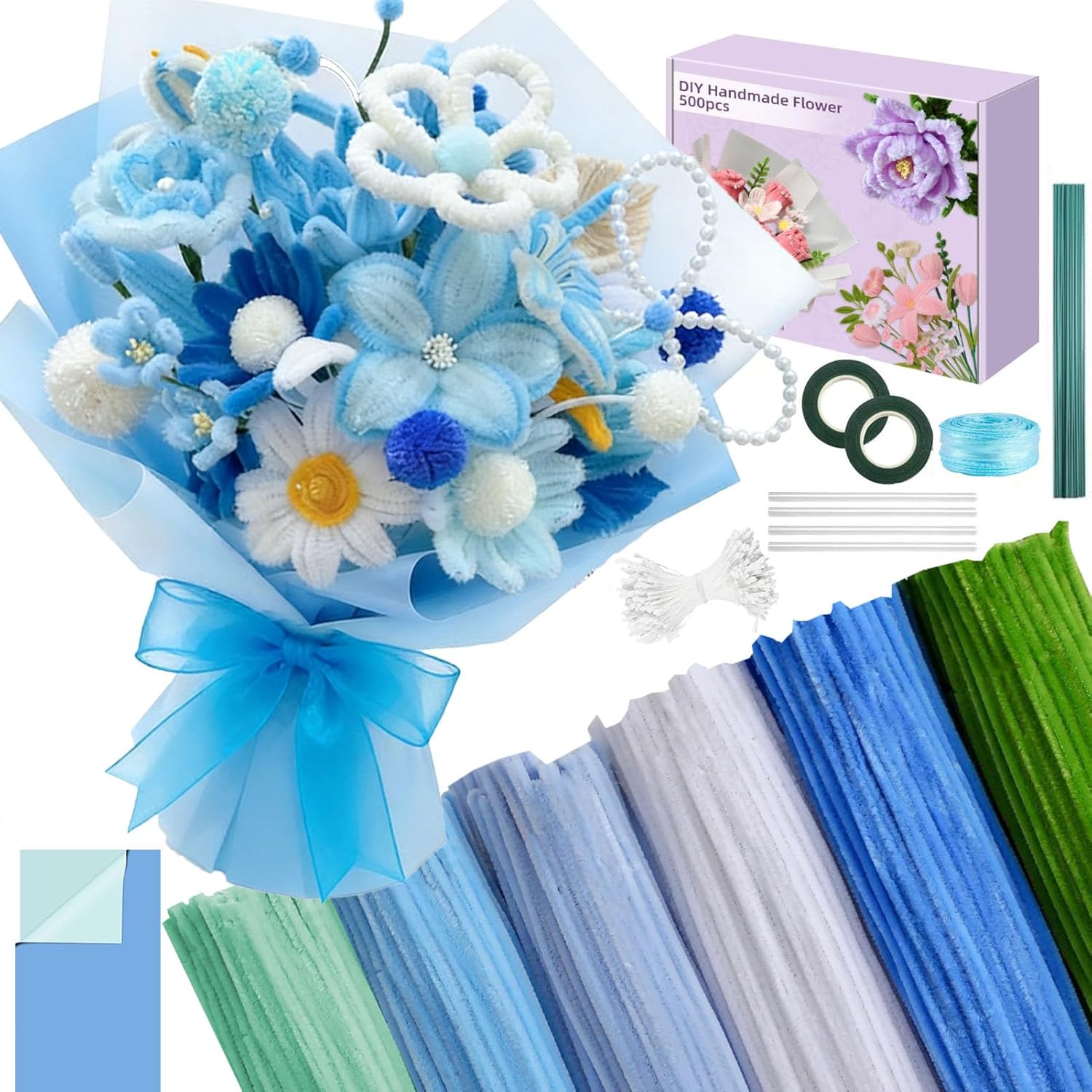 500 Pcs Pipe Cleaners Craft，Pipe Cleaner Bulk Flower Kit，6 Colors Chenille Stems Flower Kit for DIY Handmade Whit Ribbons，Stems,Tape，Stamens, Glue Sticks，Gift for Art Project Activity (Blue)