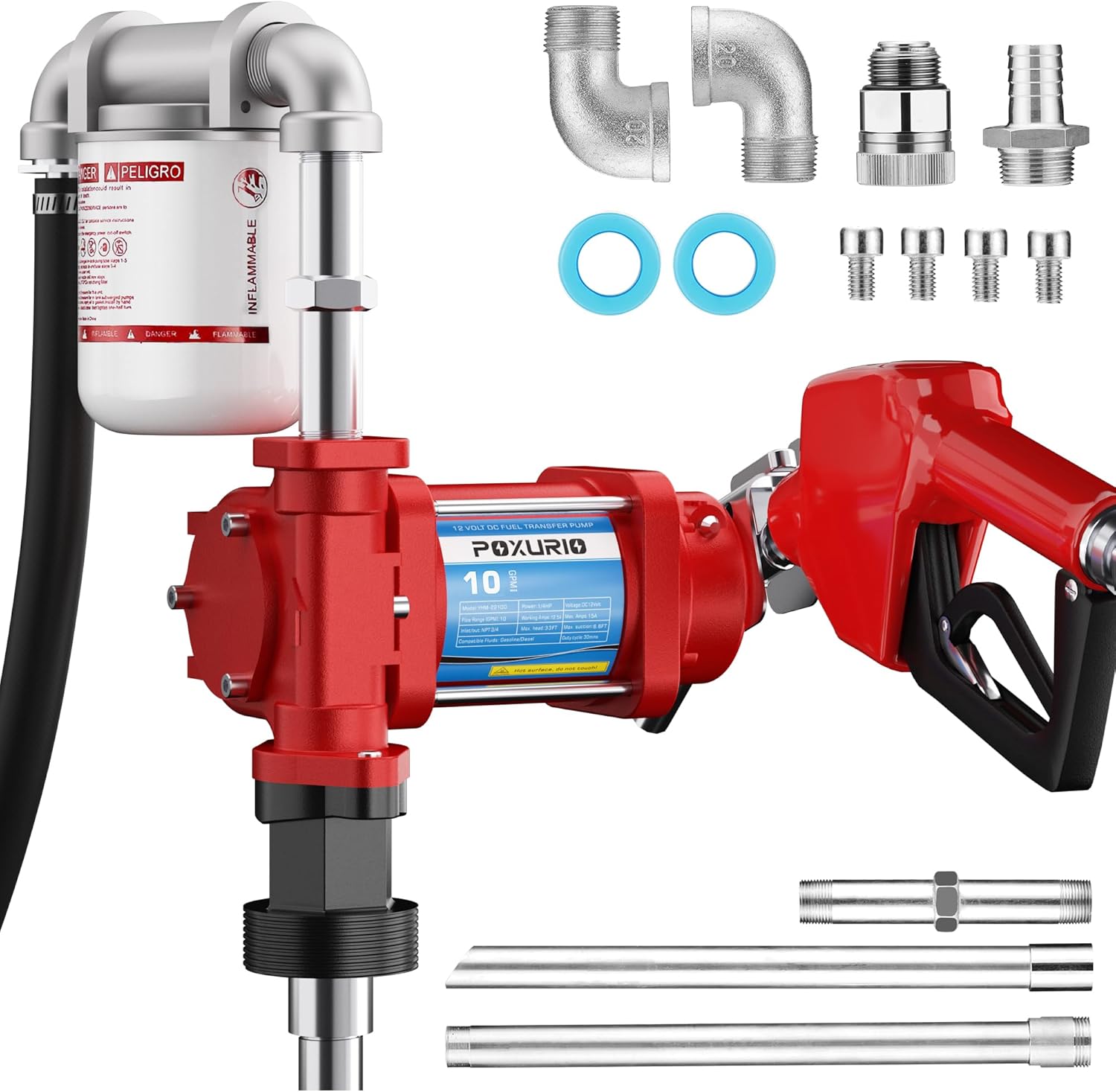 Fuel Transfer Pump, 10GPM 12V Transfer Pump with Discharge Hose ＆ Automatic Nozzle, Cast Iron Heavy Duty for Gasoline, Diesel, Kerosene, Biodiesel