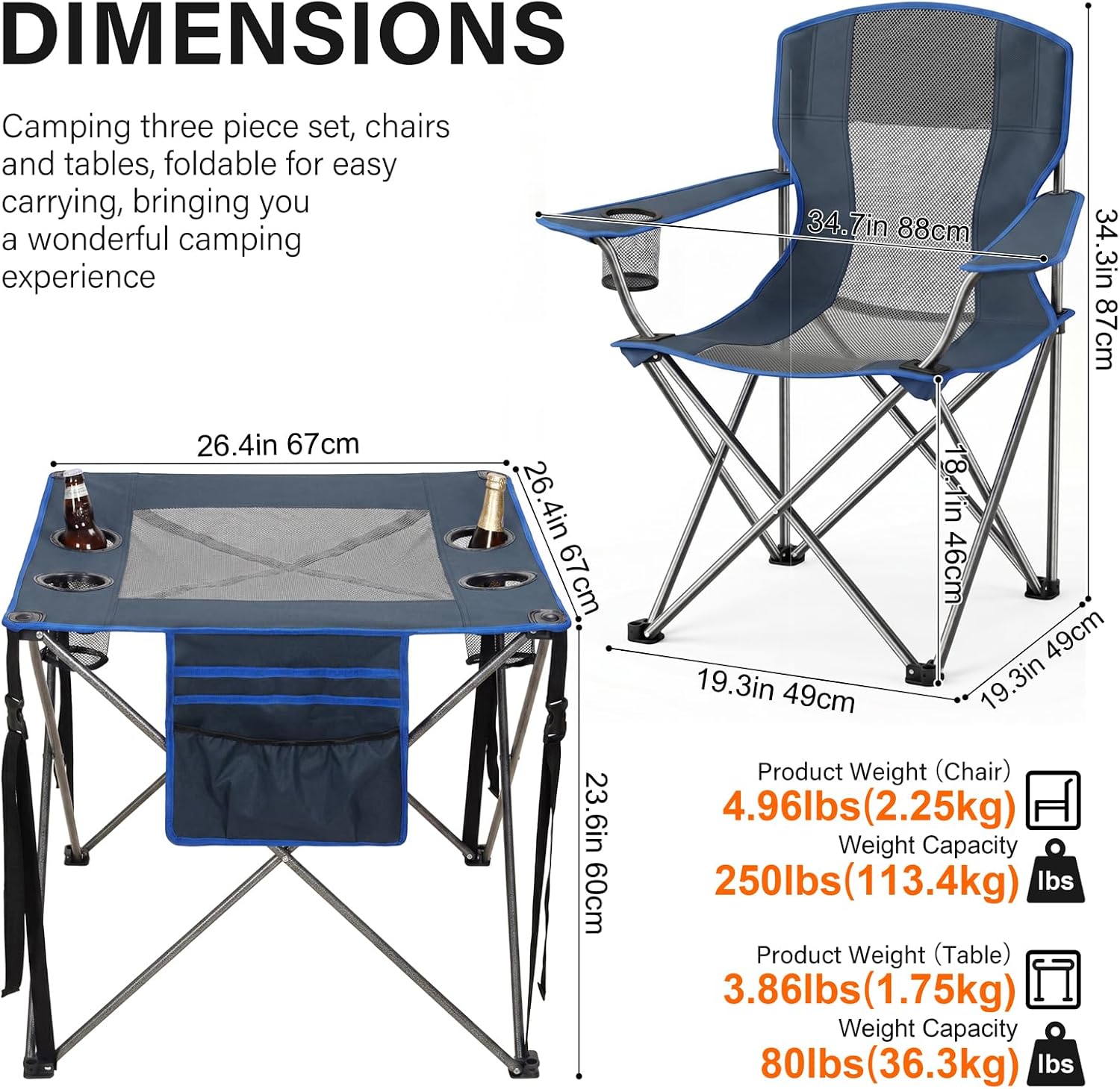 Camping Chair Set of 3,Outdoor Folding Camping Chairs with Cup Holder & Carry Bag for Sports,Hiking,Picnic,Includes Two Foldable,Breathable Camping Chair and a Larger Table Support up to 250lbs