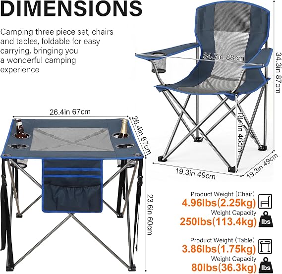 Camping Chair Set of 3,Outdoor Folding Camping Chairs with Cup Holder & Carry Bag for Sports,Hiking,Picnic,Includes Two Foldable,Breathable Camping Chair and a Larger Table Support up to 250lbs