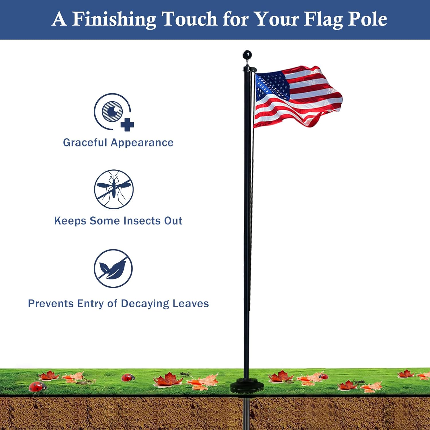 NQ Flag Pole Flash Collar Base for 2" Diameter Flag Pole Inground, Aluminum Flag Pole Base for Outside House, Flag Pole Accessories, Flagpole Hardware Parts (Black)