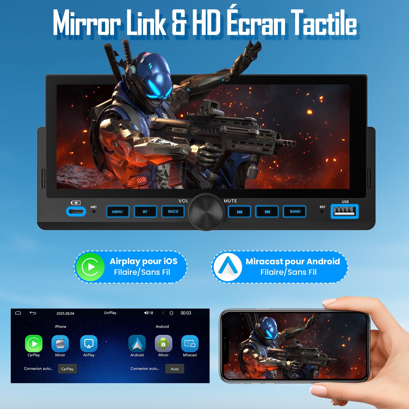 Autoradio 1 DIN, CarPlay Voiture & Android Auto sans Fil, Poste Radio Bluetooth Main Libre, Écran Tactile, Navigation GPS, Contrôle Vocal, AUX/FM, MirrorLink, USB Type-C (6,86")