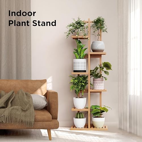 Miniatura 9 de Soporte alto para plantas, soporte de bambú para interiores y exteriores, 6 niveles y 7 macetas para múltiples plantas y macetas, soporte