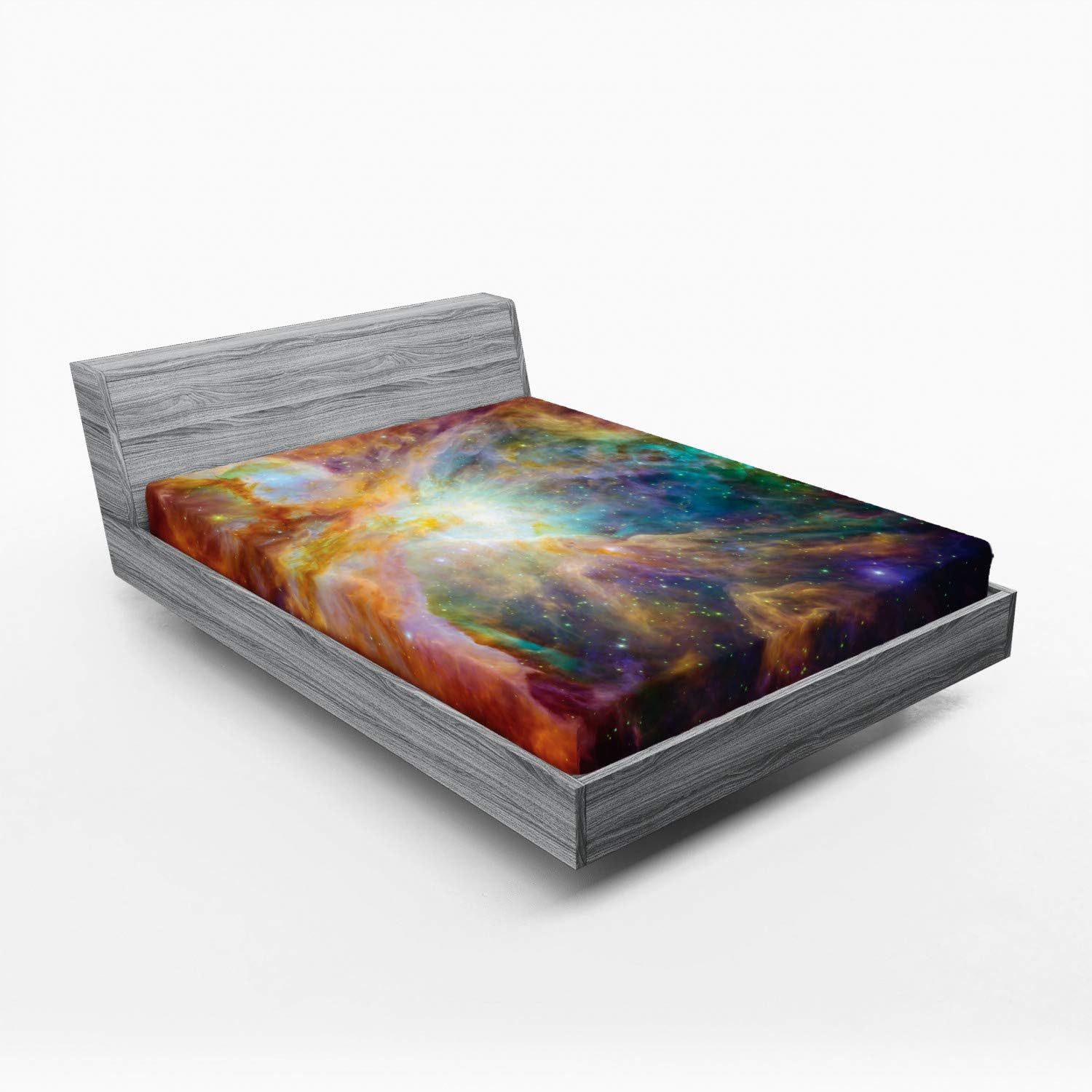 Ambesonne Outer Space Fitted Sheet, Universe Themed Composition with Stars and Nebula Space Dust Colorful Space, Bed Cover with All-Round Elastic Deep Pocket for Comfort, Queen Size, Amber Purple