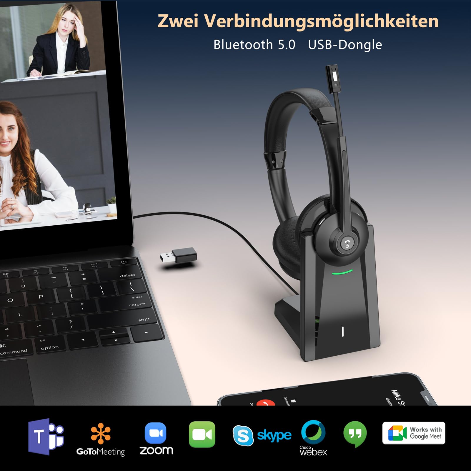 Earbay Bluetooth Headset mit Mikrofon, Kabelloses Headset mit Ladestation & USB Dongle, Kabellose mit Mikrofon Rauschunterdrückung & Stummschaltung für Computer/Meeting/Zoom/Büro/HomeOffice