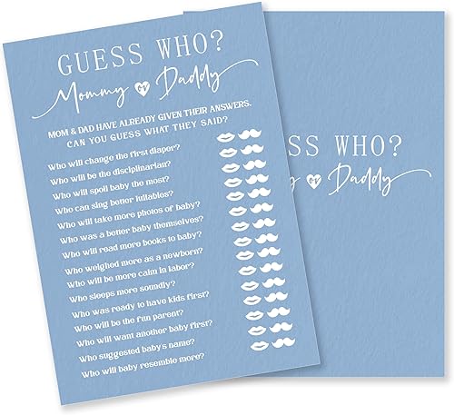 Miniatura 7 de Kit de juego de predicciones y consejos para baby shower, minimalismo azul, 30 tarjetas de juego de relleno de doble cara para baby shower, recuerdo