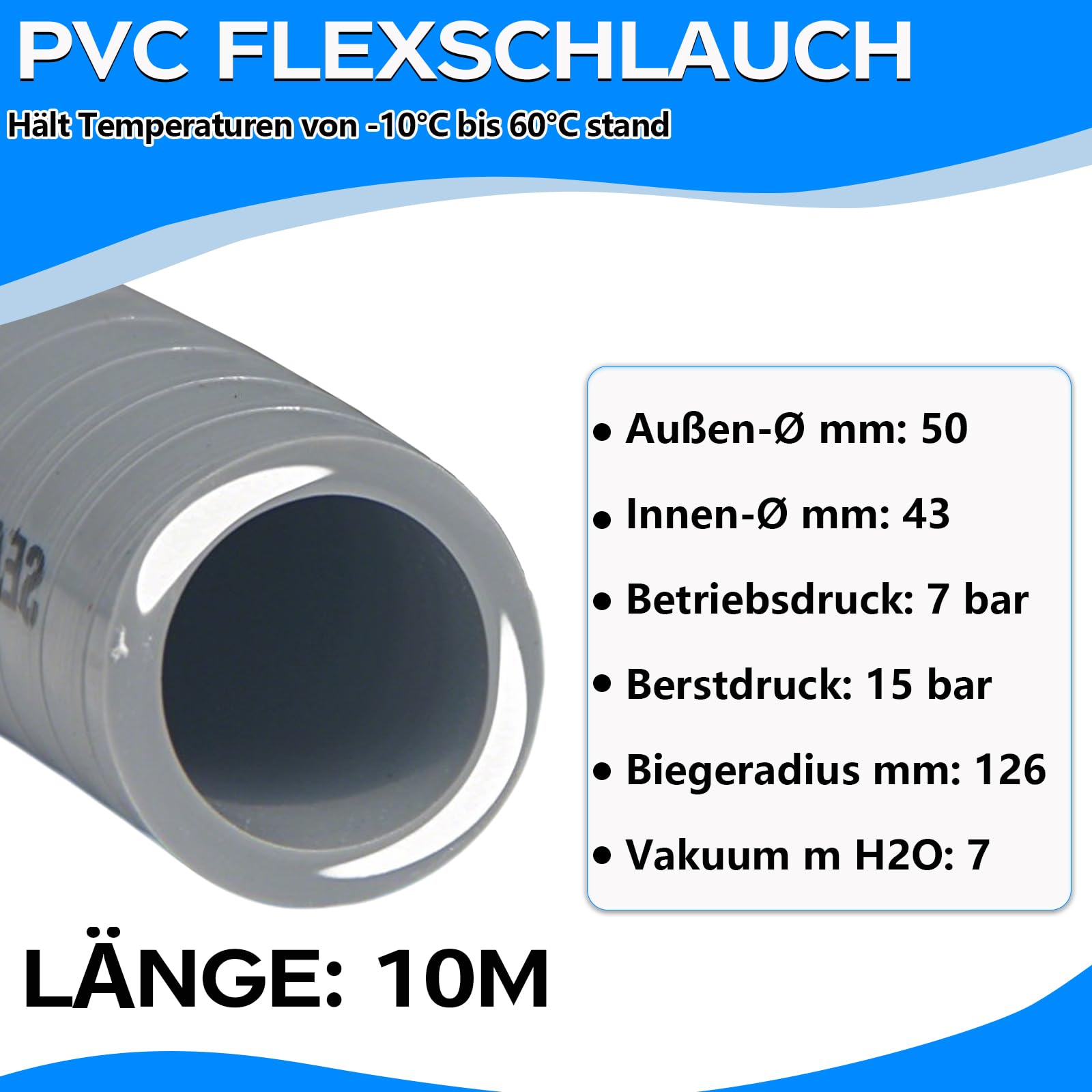 Warmfay Tubo flessibile in PVC, 10 m, diametro 50 mm, pressione di lavoro, 7 bar, tubo di pressione in PVC, flessibile e divisibile, tubo adesivo per piscina e stagno, di alta qualità, durevole e