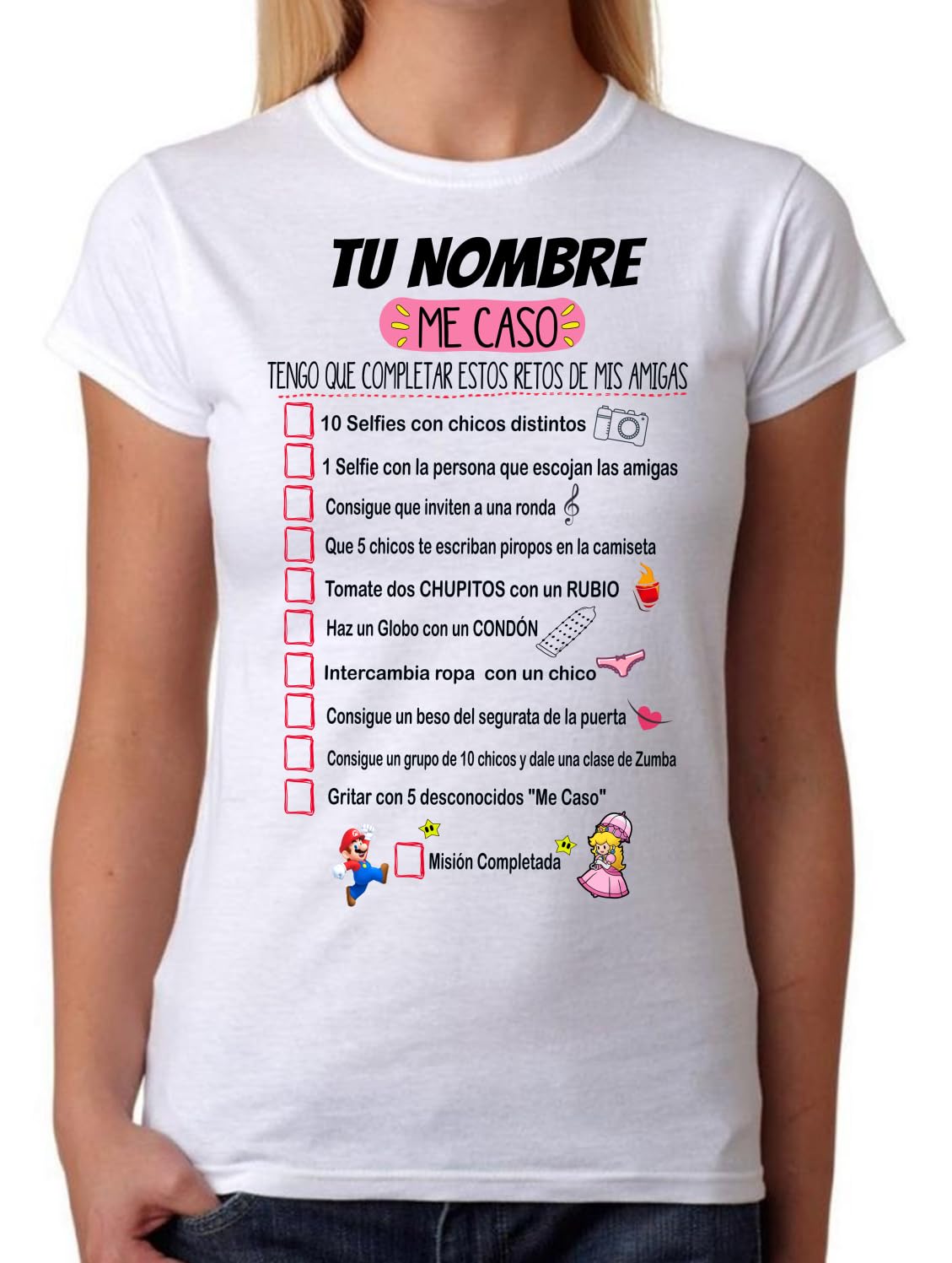 FUNNY CUP Camiseta Personalizable con Nombre de la Novia Divertida para Juego de Pruebas o retos Que Debe Realizar en una Despedida de Soltera. Personaliza el Nombre o Alias de la Novia