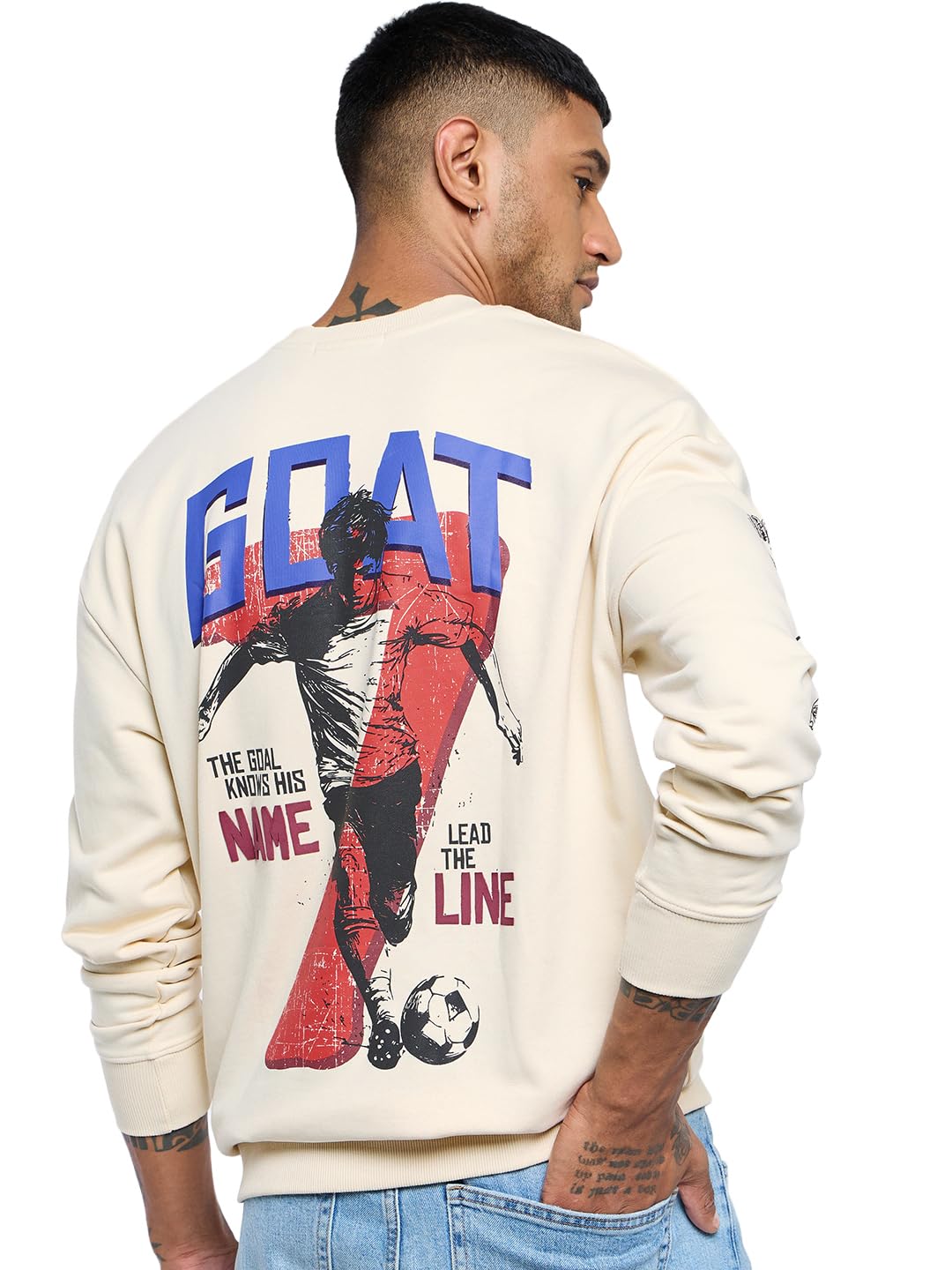Bewakoof Men's Graphic Printed Oversized Fit Full Sleeve Round Neck Cotton Blended Sweatshirt in multi