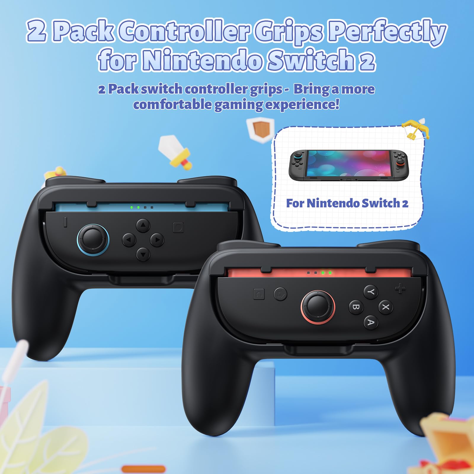 FASTSNAIL Grips for Nintendo Switch 2 (2025) for Joy-Con 2, Wear-Resistant & Anti-Slip Controllers Grips Handle Kit, Switch Holder Accessories for NS2 Controller, 2 Pack(Black) — view 2