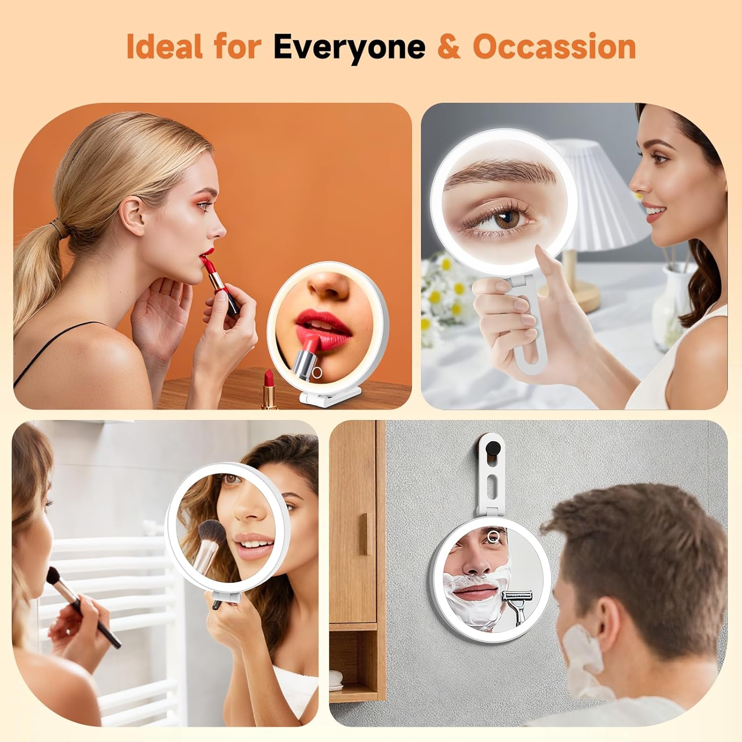 Travel Makeup Mirror with Lights, Lighted Magnifying Mirror 10X, 4-in-1 Portable for Handheld, Tabletop, Hanging and Wall Mount with Suction Cup and 3 Color Light, Ideal Gift for Women and Seniors