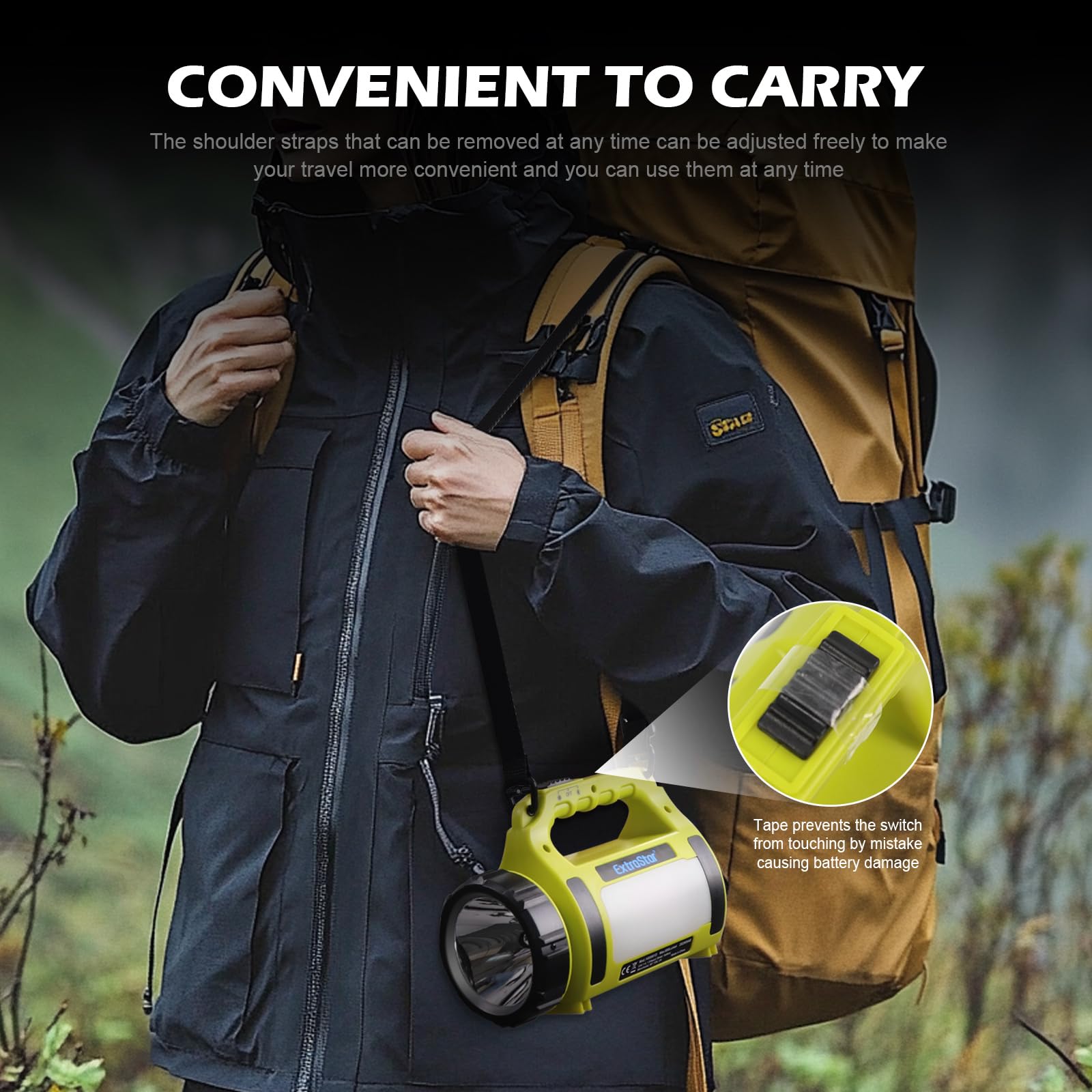 ExtraStar Foco de camping recargable, linterna LED con correa de hombro ajustable, múltiples modos de iluminación (frontal/lateral/intermitente), batería de larga duración, carga USB-C para aventuras