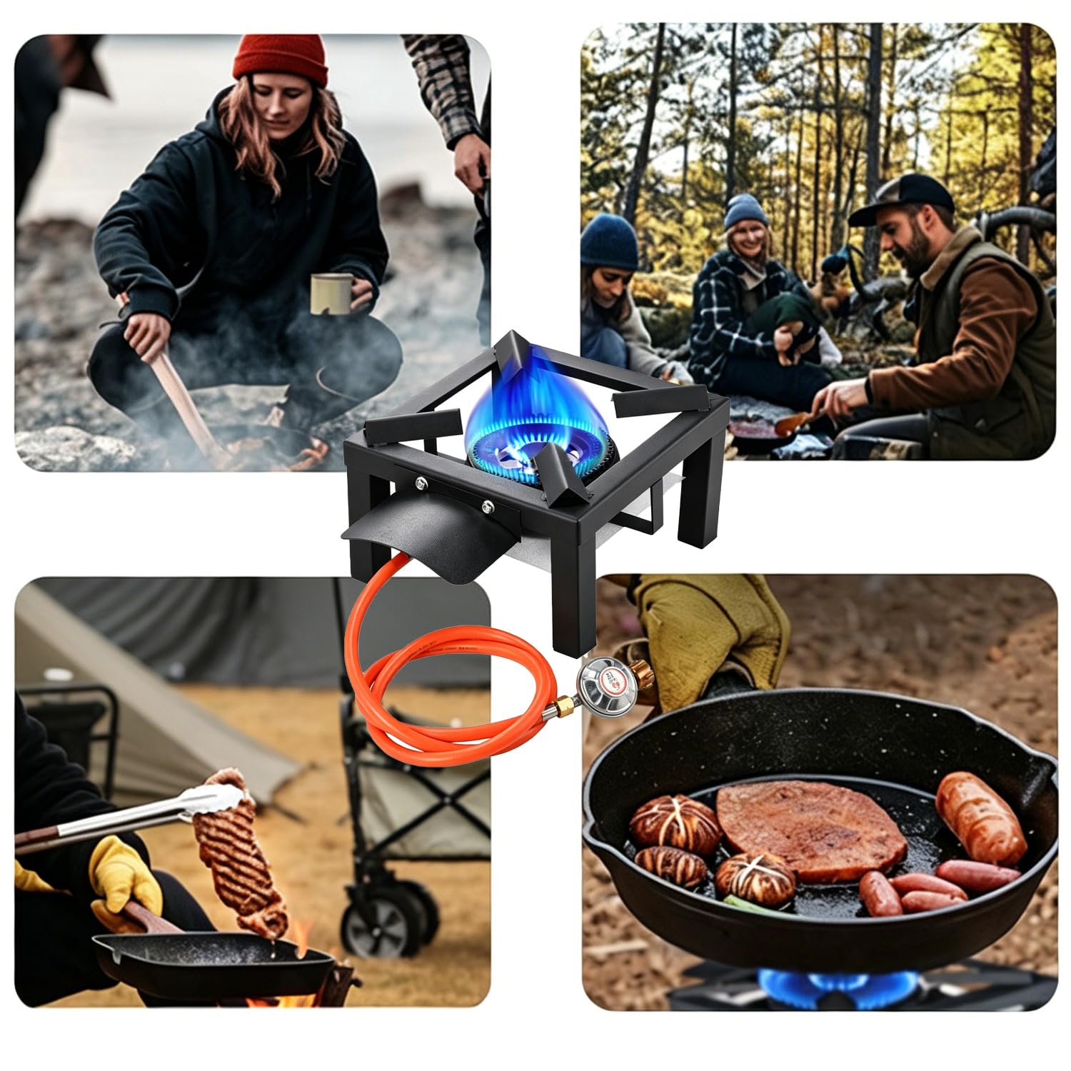 Fornello a Gas Da Campeggio,Design Portatile,Cucina Da Esterno Con Scudo Termico,Tubo Da 1,5 m Con Riduttore Di Pressione, Bruciatore In Ghisa Adatto Per Campeggio,Picnic,Riunioni Di Famiglia,Ecc.