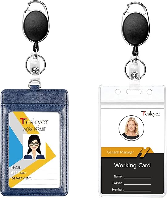 Teskyer 2 Pack Vertical Badge Holders, Transparent ID Card Holder, Heavy Duty Retractable Badge Reels, PU Leather ID Card Holders with 2 Card Slots with Carabiner Reel Clip