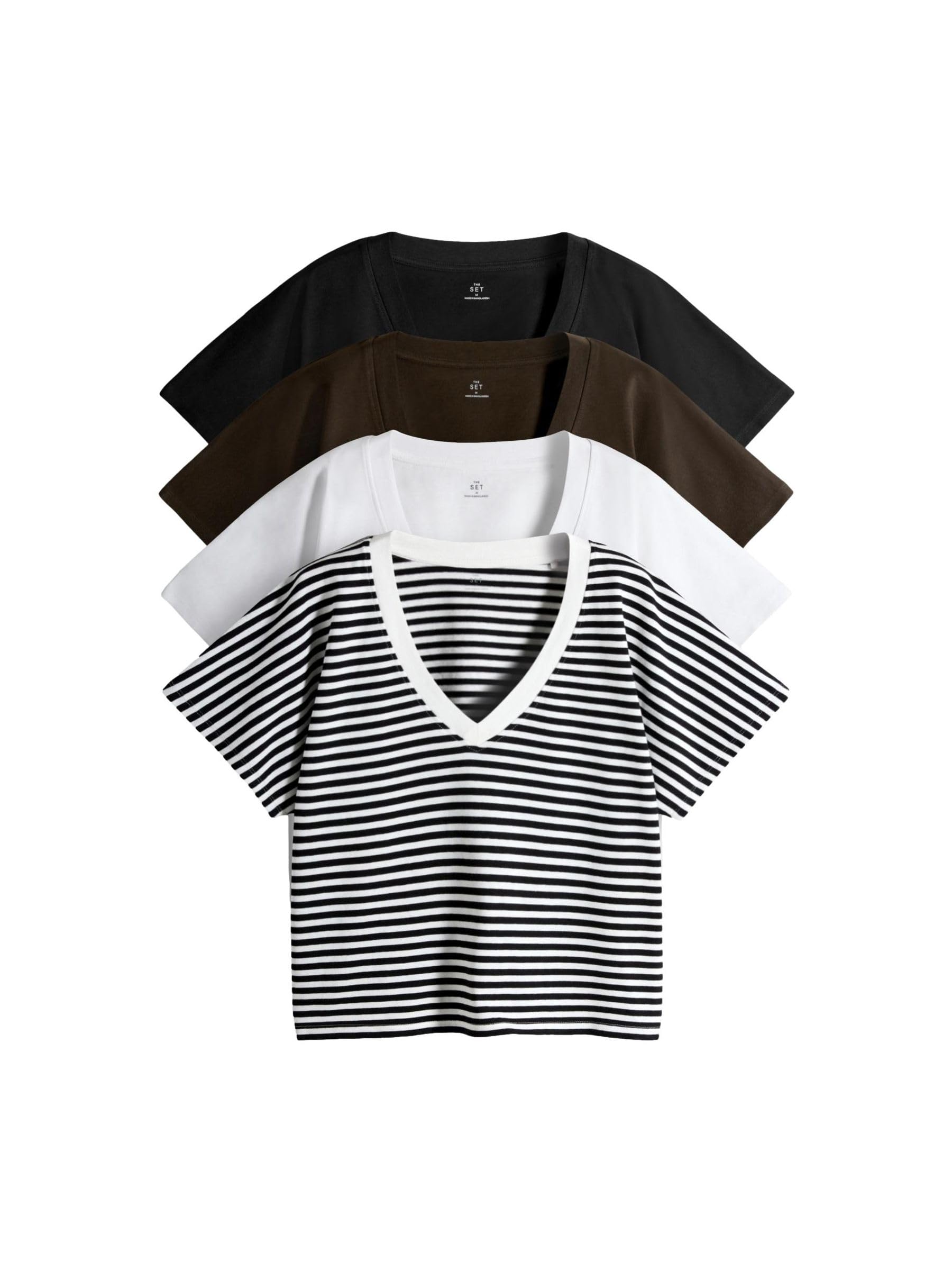 THE SET Femme T-Shirt épais à col V et Manches Courtes, Lot de 4 | Coupe standard, 100 % coton