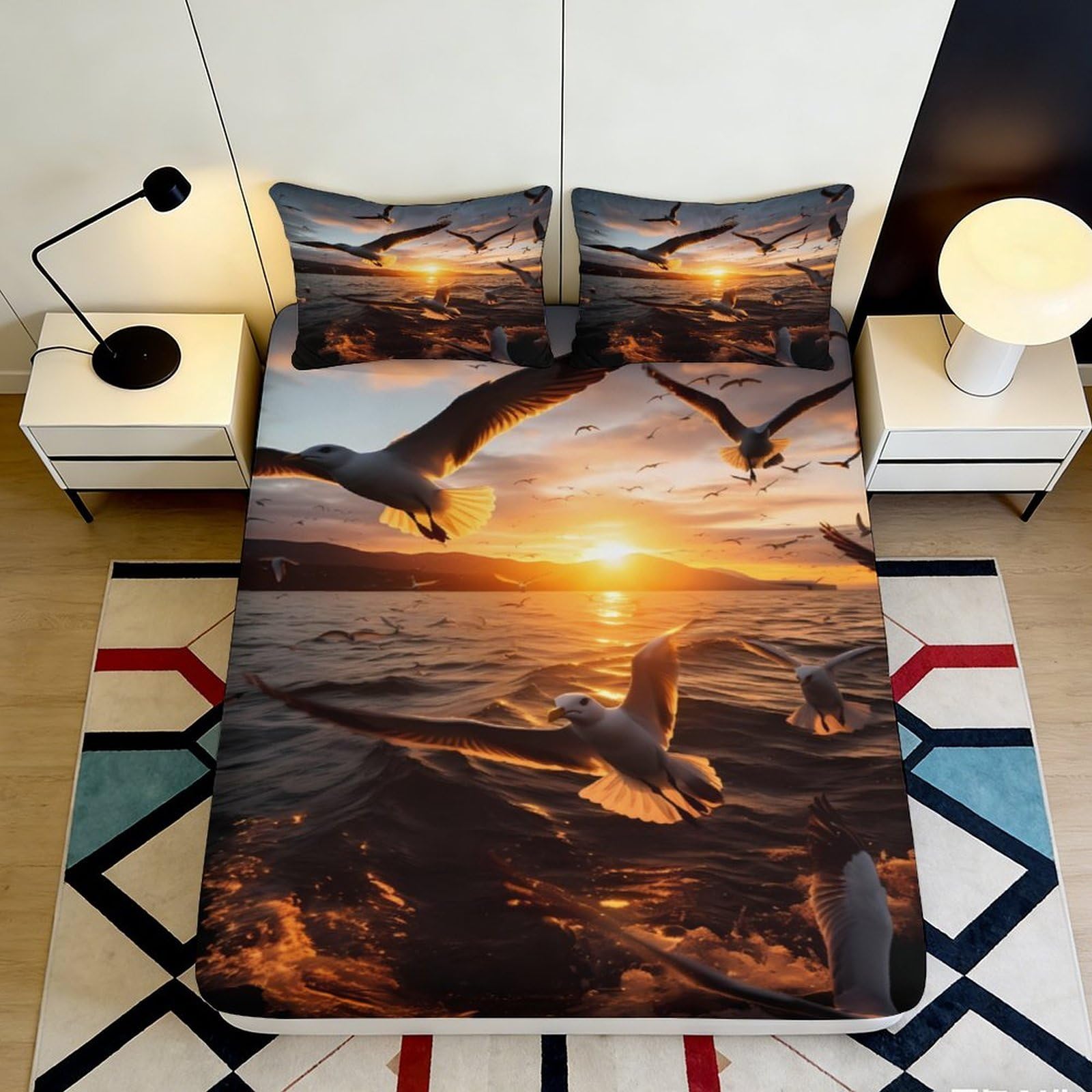 3D Printed Seagull Sunset Fitted Sheet Microfiber Soft Breathable Ocean Waves Bed Cover for Bedroom Decor Protection 200x200x25cm