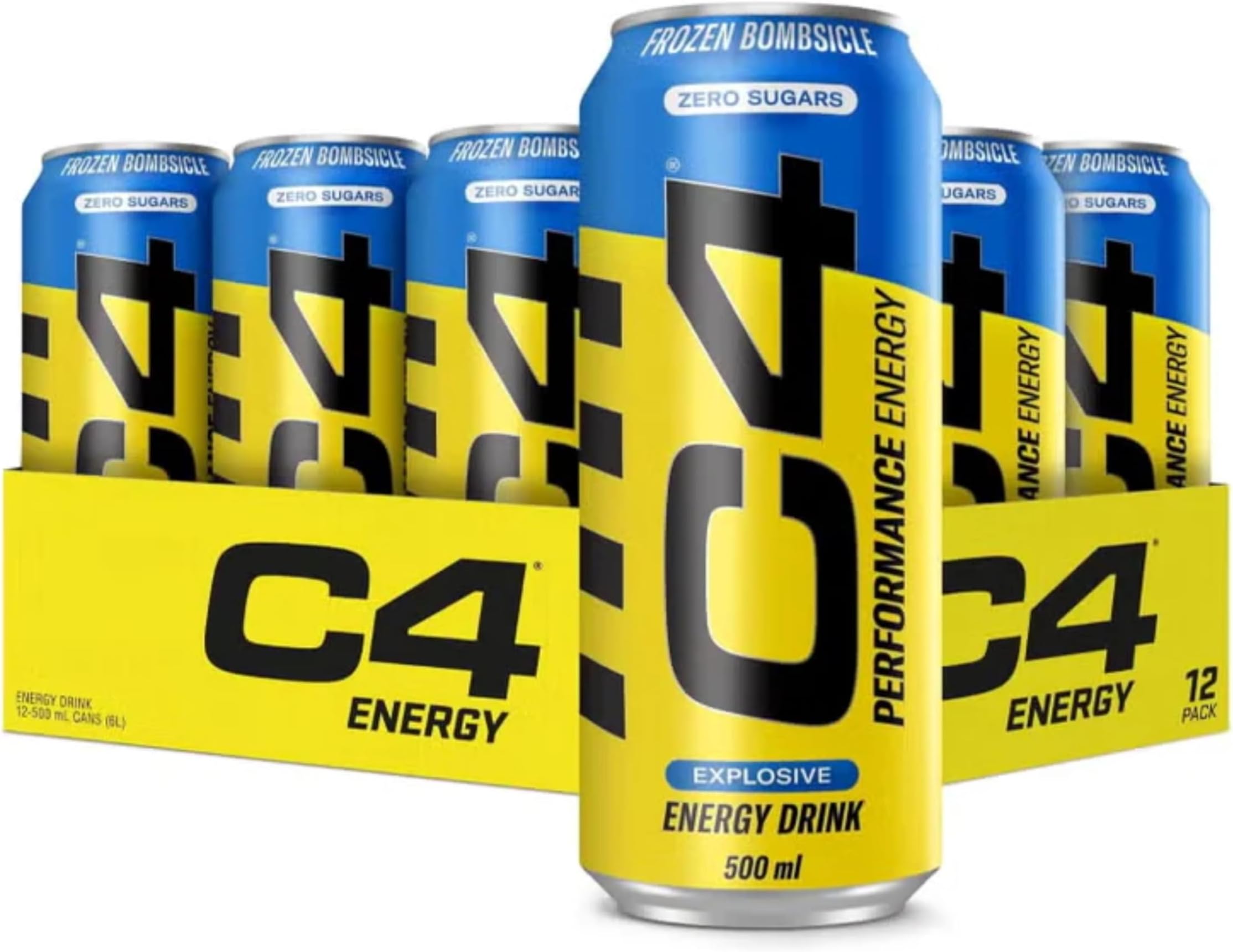 C4 Explosive Carbonated Energy Drink | Zero Sugar, Low Calorie Pre-Workout with 160mg Caffeine, Beta-Alanine & Taurine | Energy for Focus & Performance | Frozen Bombsicle | 500ml Cans | Pack of 12