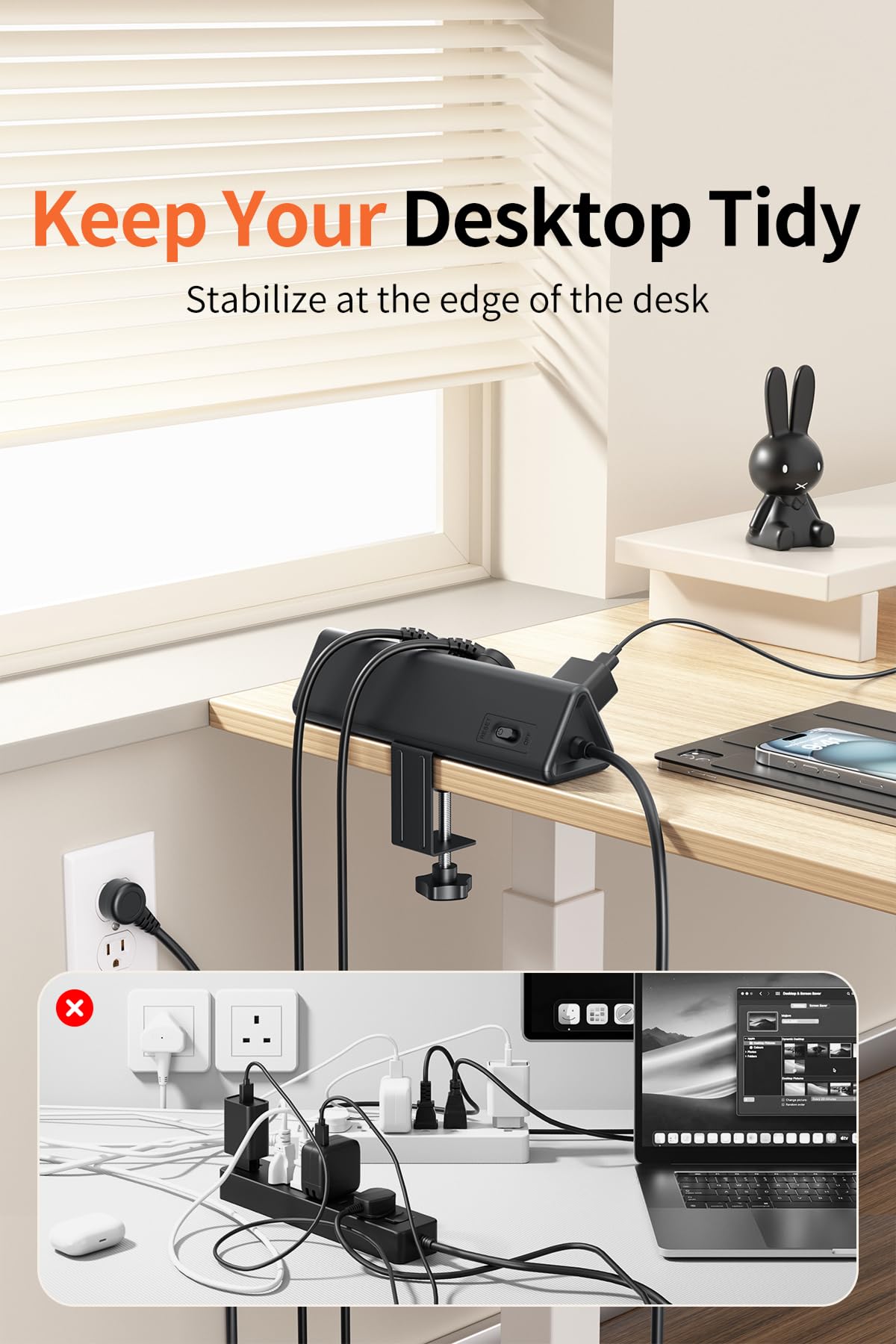 Regleta de alimentación de abrazadera para computadora de 10 pies con 5 salidas de CA y 6 puertos USB PD de 40 W USB-C de carga rápida, protector de sobretensiones 1250J se adapta a 2.6 borde superior