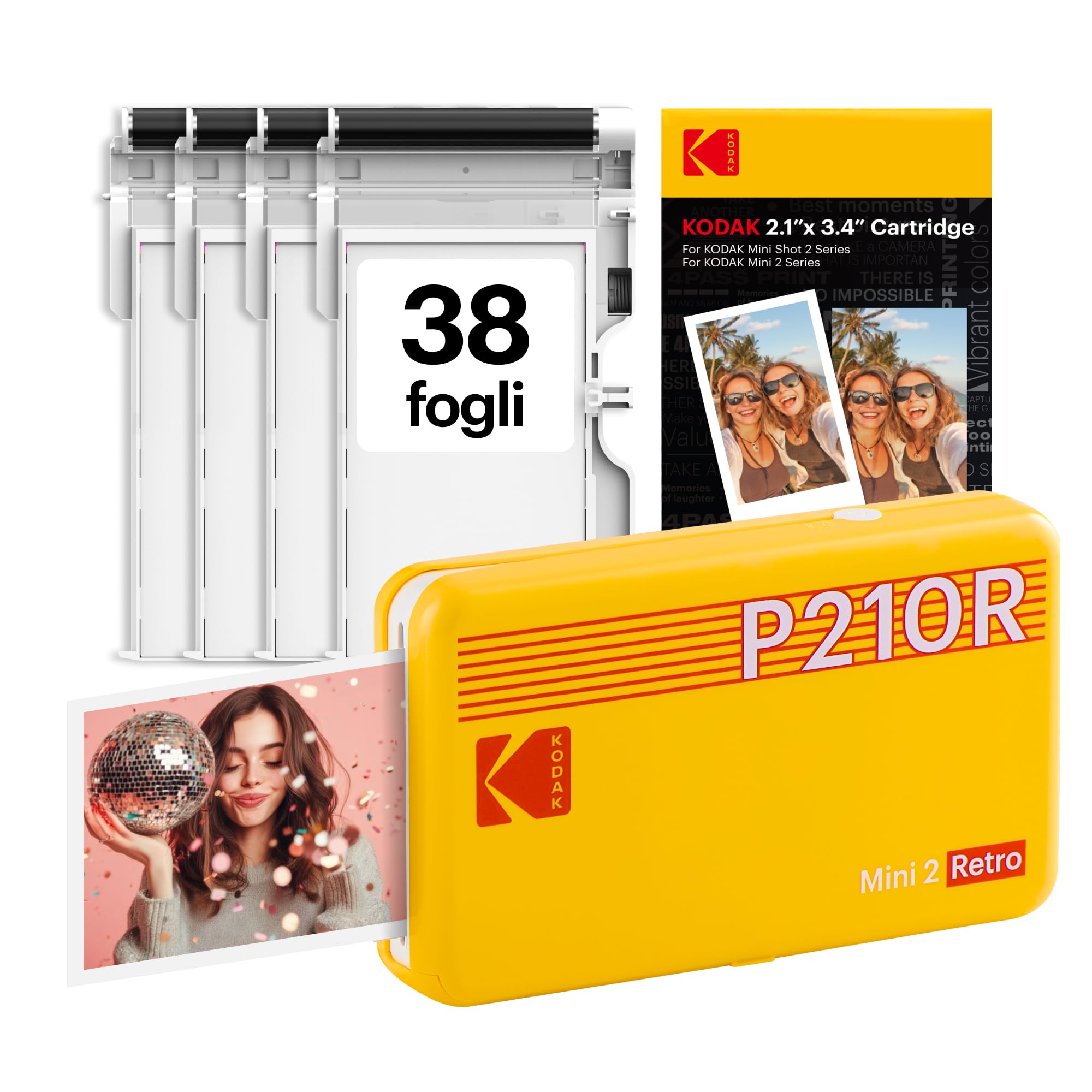 KODAK Mini 2 Retro Stampante Fotografica Portatile 5,3 x 8,6 cm, 38 Fogli, Stampante Smartphone Bluetooth per iPhone & Android, Stampe a Colori Istantanee, Sublimazione 4PASS, Giallo
