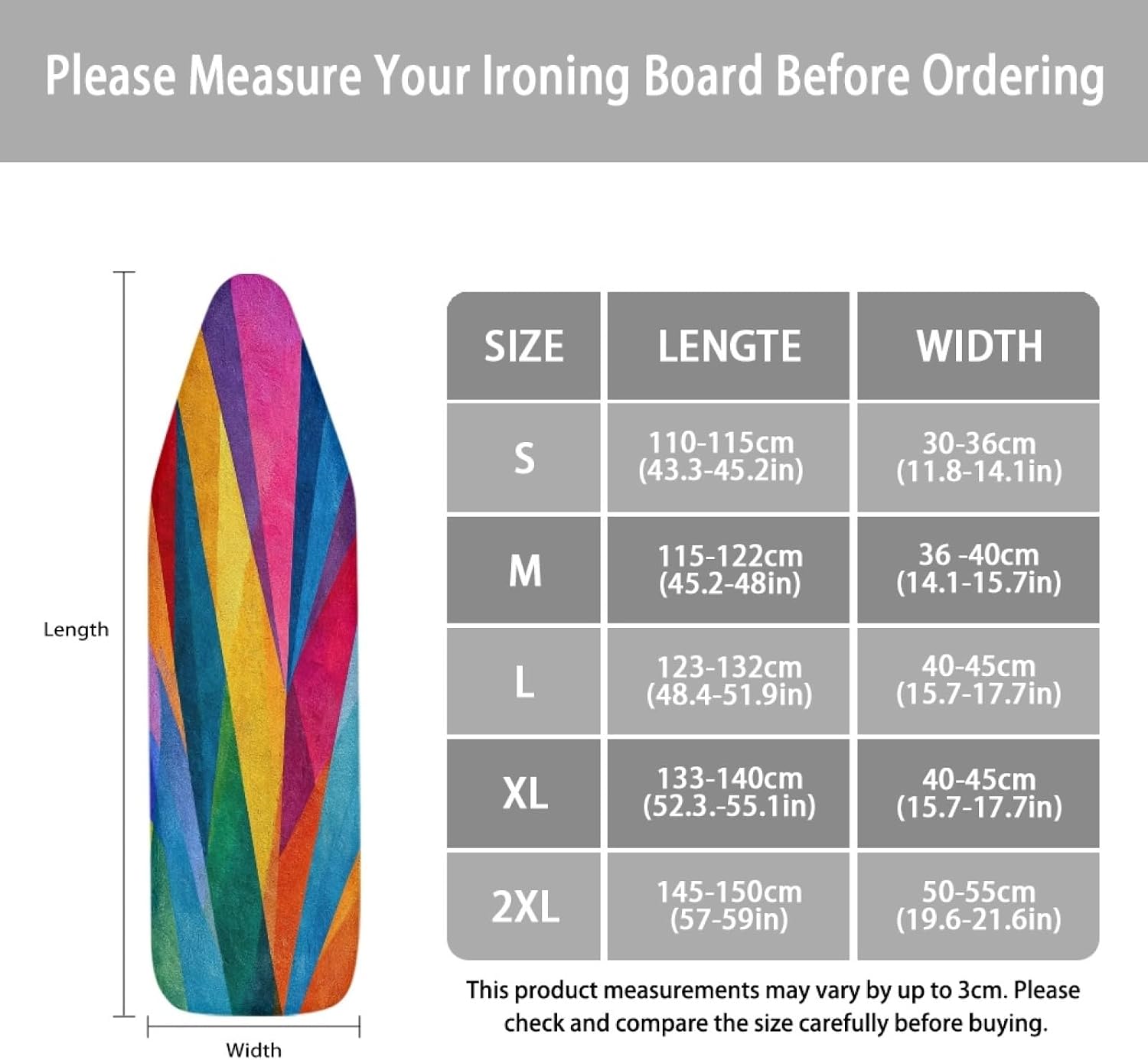 Ironing Board Cover 14x48 Vibrant Rainbow Stripes Iron Board Cover with Padding Heat Reflective,Scorch Resistant Thick Padding,Snug Fit Non-Slip Nose Pocket Fastener Straps Elastic Edges